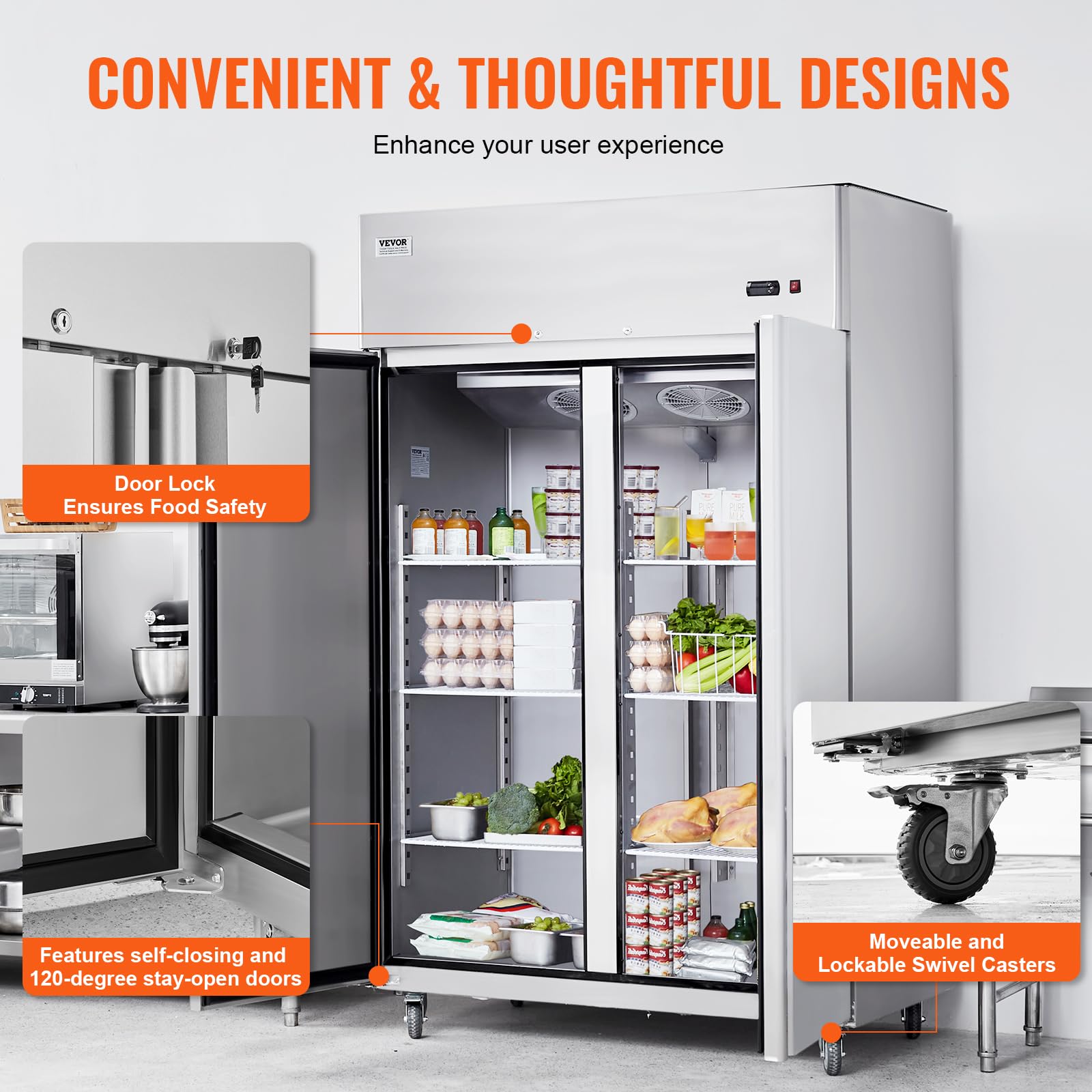 VEVOR Refrigerador Comercial de 1100 L, Vertical con 2 Puertas, Acero Inoxidable, Descongelación Automática, 6 Estantes, -2~+8°C, 1314 x 850 x 2110 mm