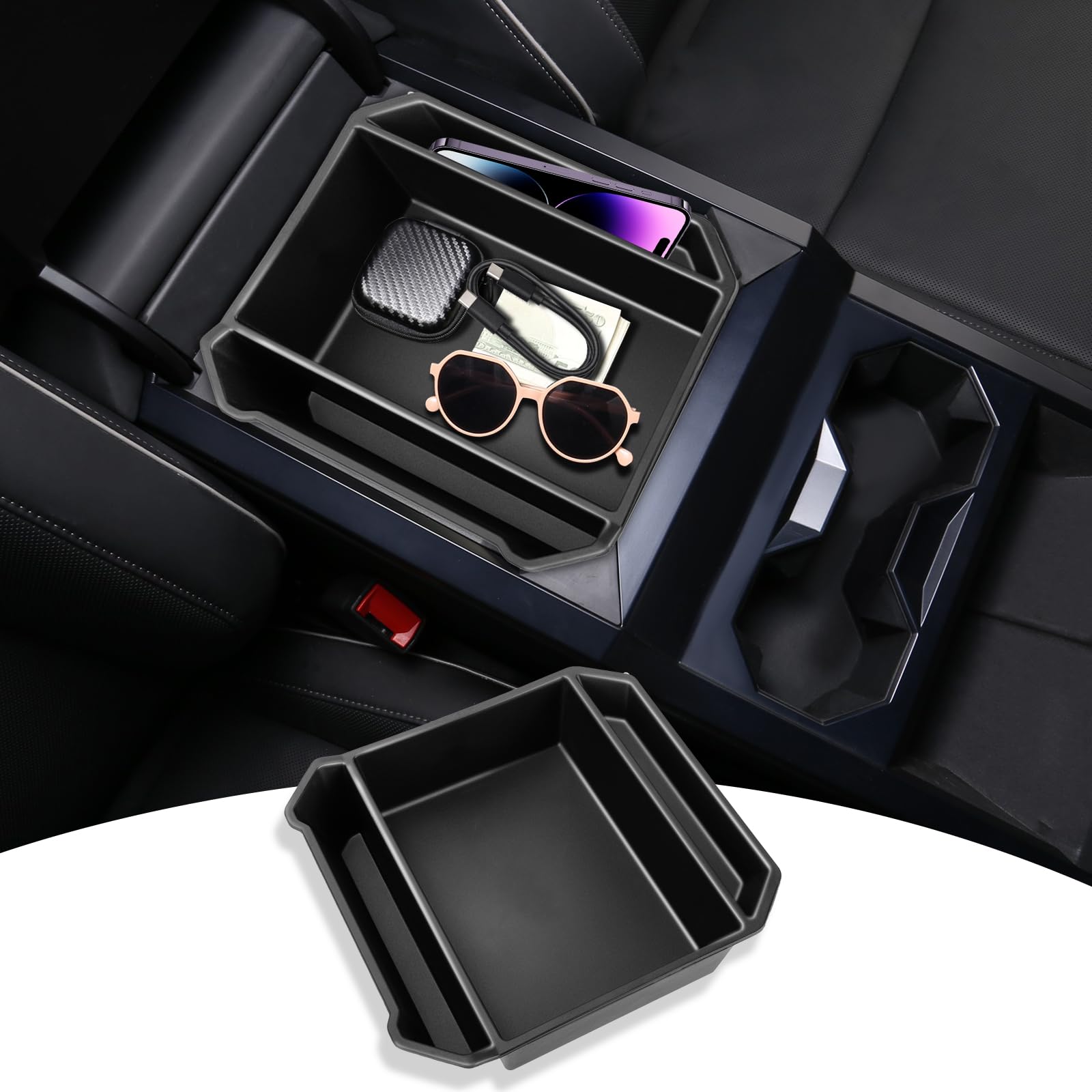 Double Layers For 2024 2025 Tesla Cybertruck Center Console Organizer Tray For Cyber Truck 2024 Accessories Armrest Storage Box Insert Tray For Cybertruck 2024 Arm Rest Middle Organizer