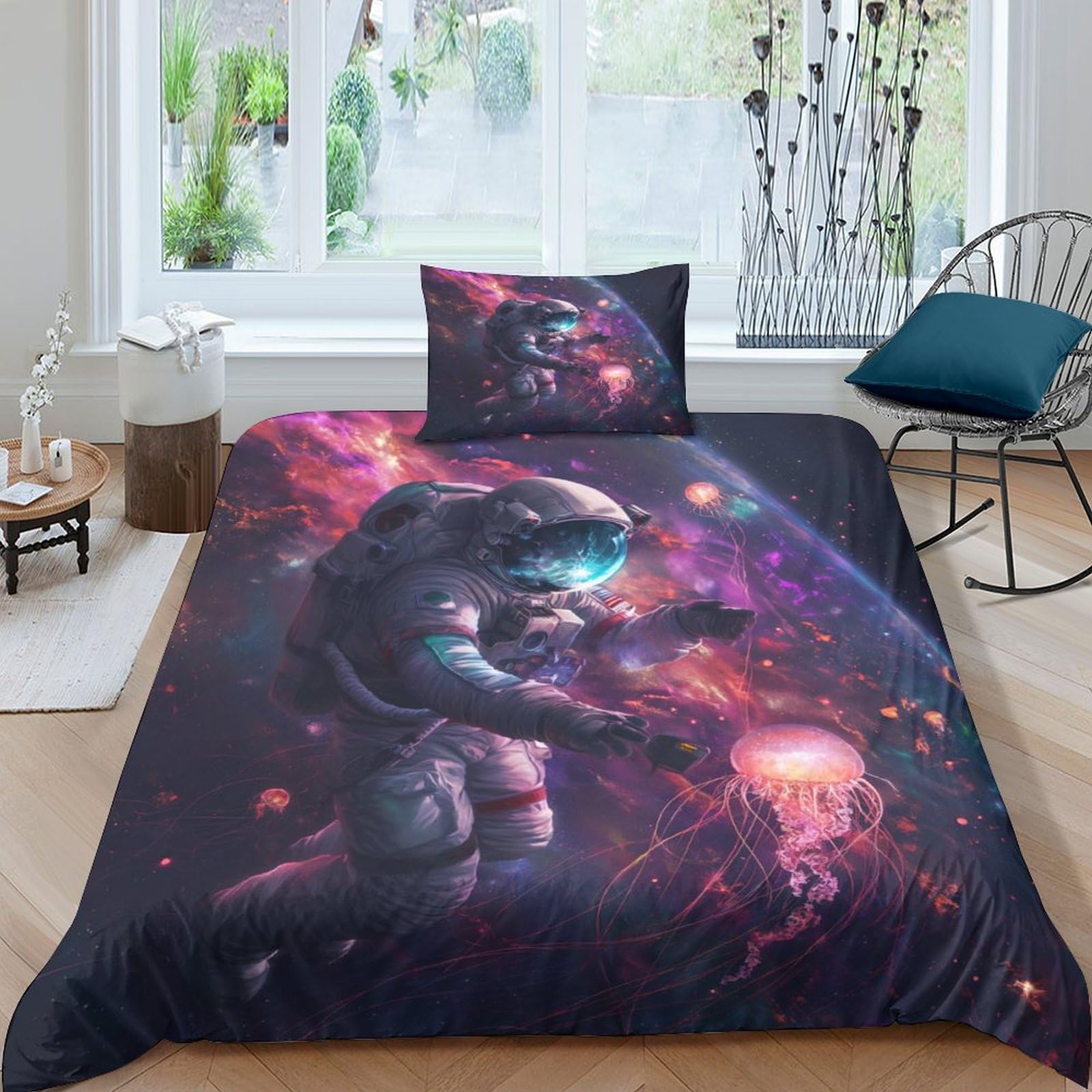 Housse de couette 3D astronaute anti-allergie 135x200 cm avec fermeture éclair enfant