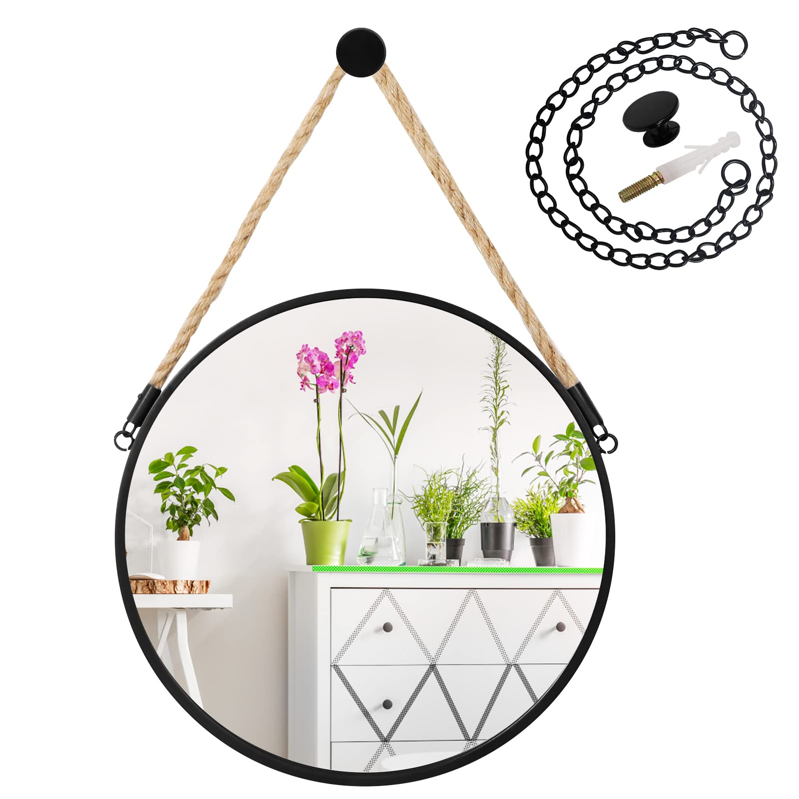 Hanging Mirror Black Round Mirror, 15inch Replaceable Hanging Hirror Chain Metal Frame ,Wall-Mounted Mirrors,Comes With Two Styles of Lanyards,Decorate Bathrooms, Hallways, Living Rooms,Entryway