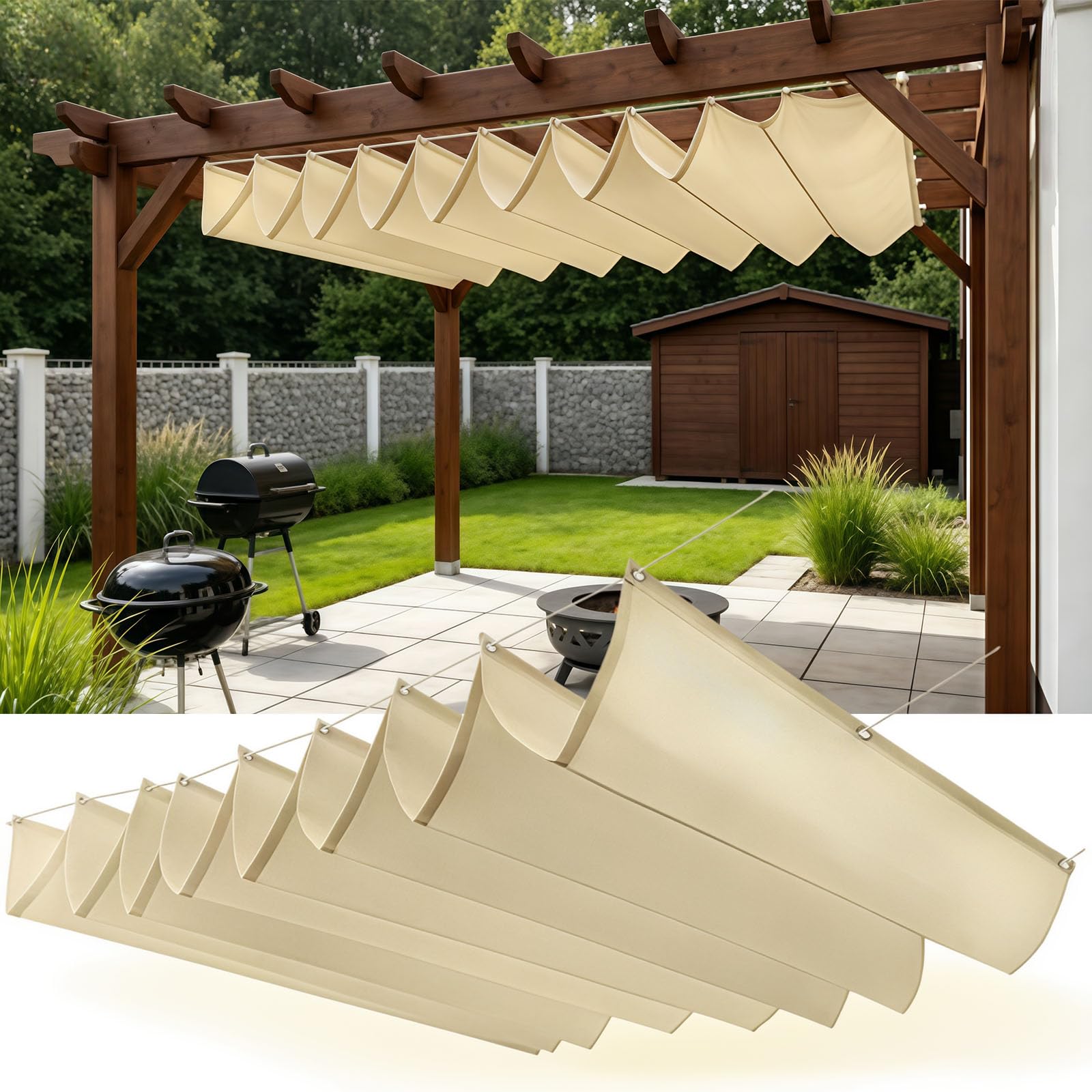 BOCXYTX Retractable Sun Shade Sail Waterproof, Wave Pergola Canopy with 95% UV Protection for Patio Garden Outdoor Shade,2x4m