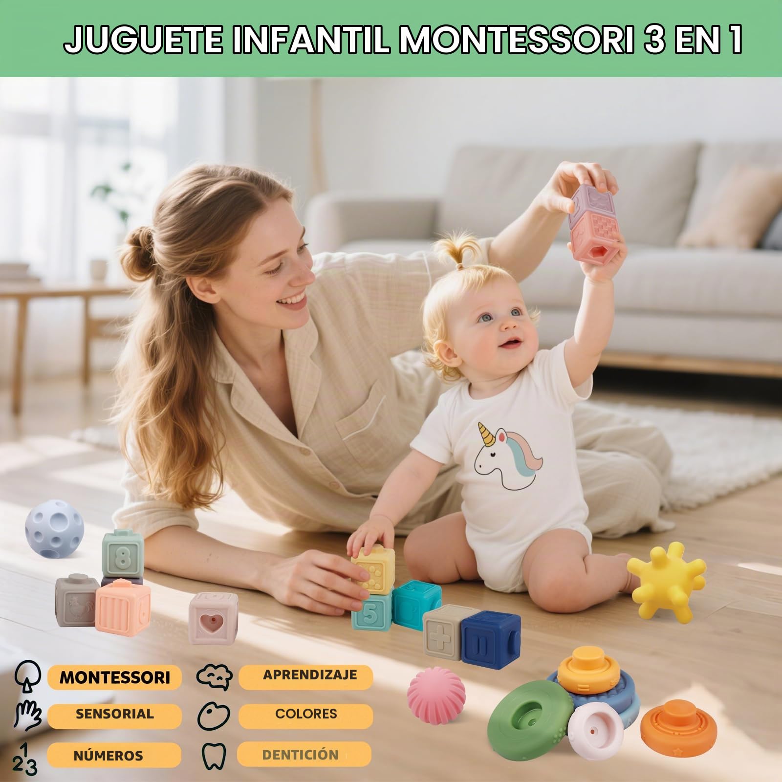 Plunack Montessori Juguetes para Bebés, 24 Piezas Bloques de Construcción Suaves Bolas Sensoriales Mordedores Anillo Juego para apretar y Aprendizaje Educativo Temprano de Juguete para 18+Meses
