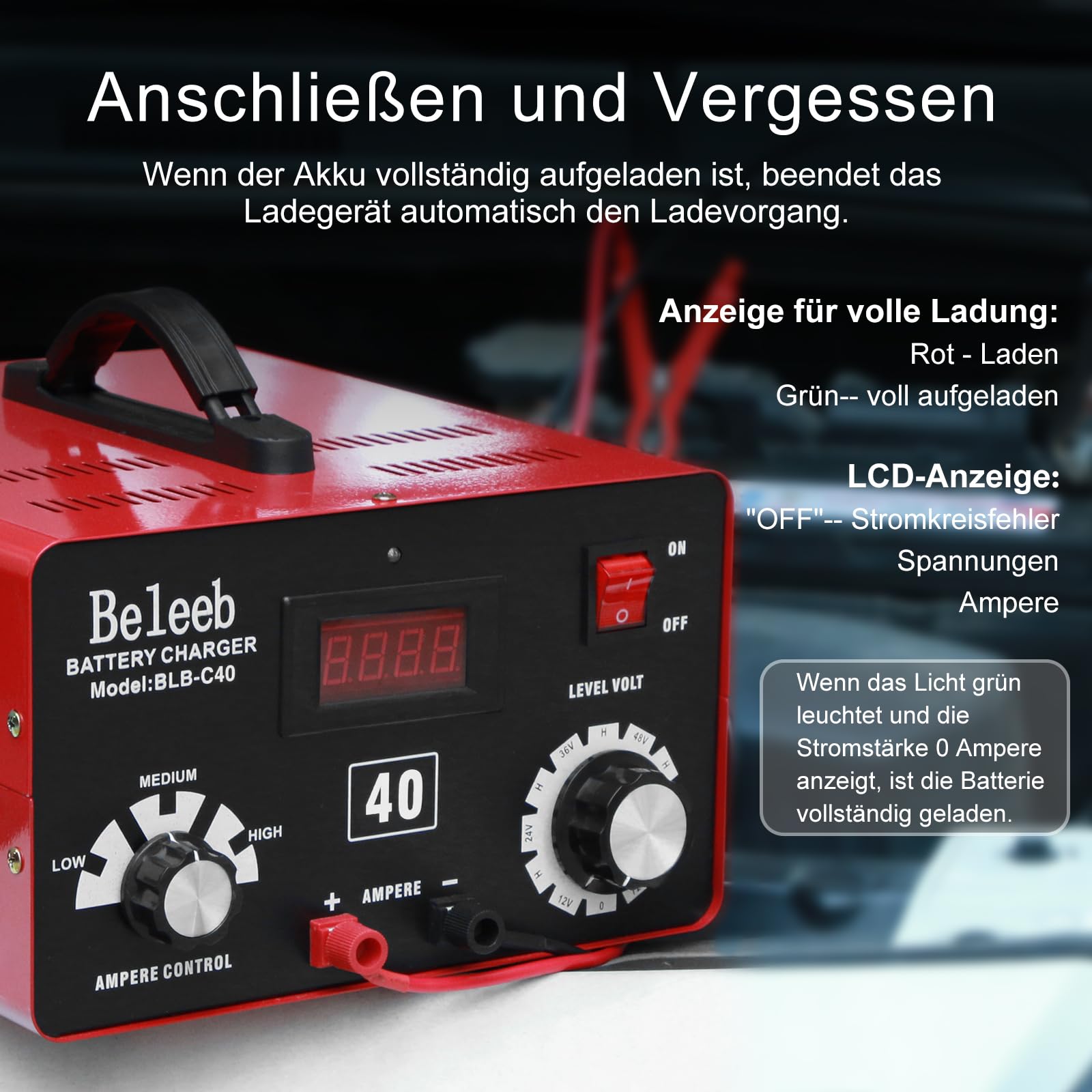 Hugoome Beleeb Serie C40 Batterieladegerät Autobatterie Ladegerät 12V 24V 36V 48V 60V 72V, Impulse von Hochspannungsbatterie-Desulfator-Erhaltungsmitteln für Blei-Säure-Lithium-Ionen-Batterien