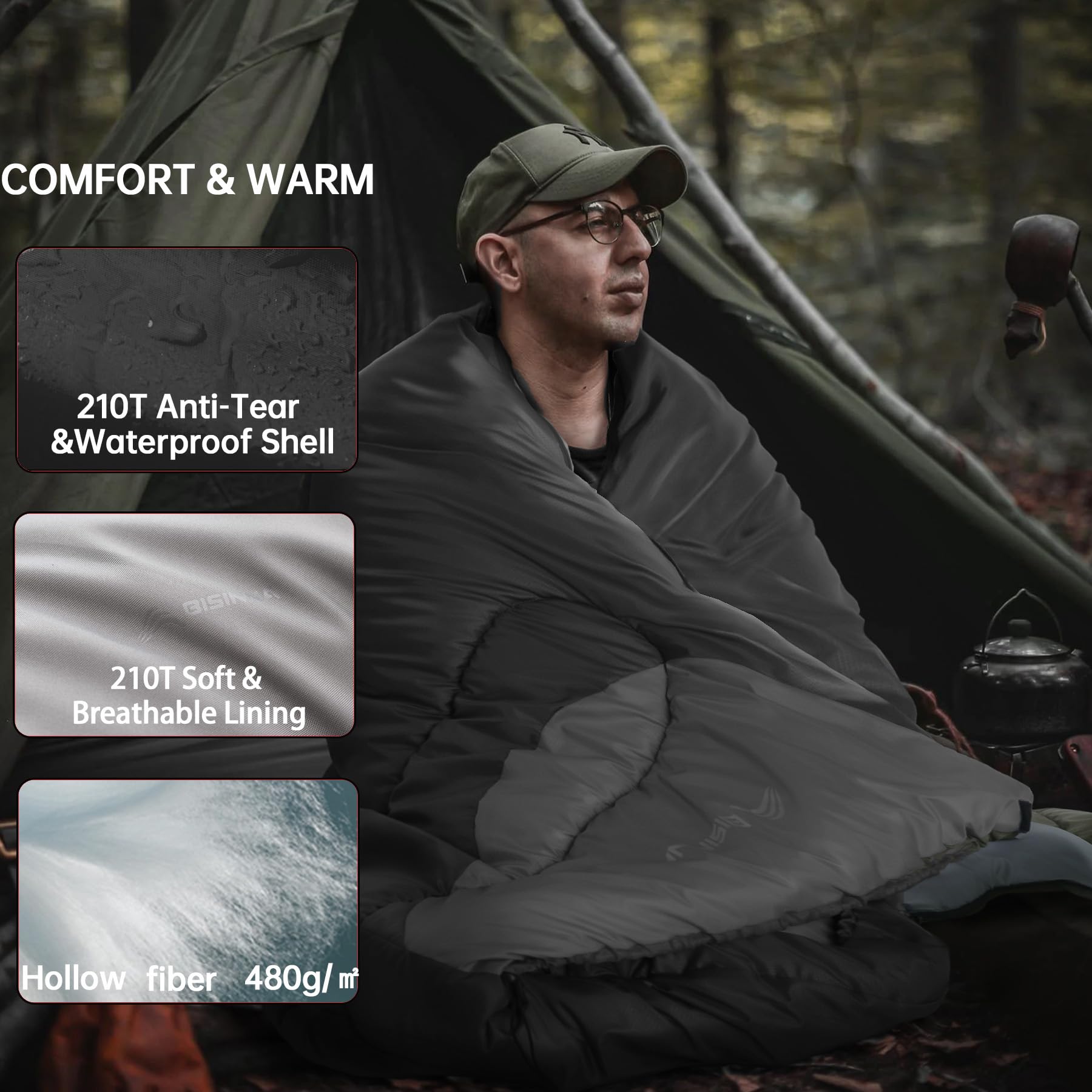 BISINNA Saco de dormir de invierno de 0 grados (480 g/m²) para adultos, saco de dormir para clima frío, saco de dormir cómodo, cálido y portátil con bolsa de compresión de almohada para mochileros,