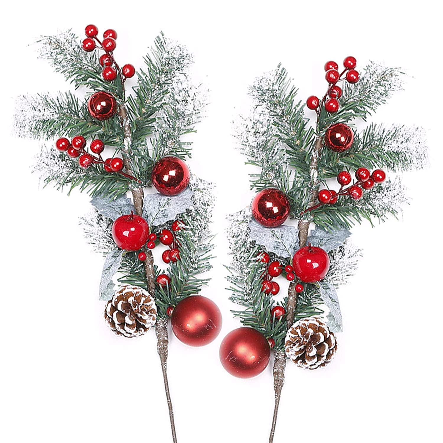 2Pcs 50CM Artificial Christmas Picks Christmas Decoration Pine Picks Christmas Red Berry Picks Pine Berry Branches Christmas Red Berry Branch Snow Flower Picks for Winter Holiday Party Dirgee