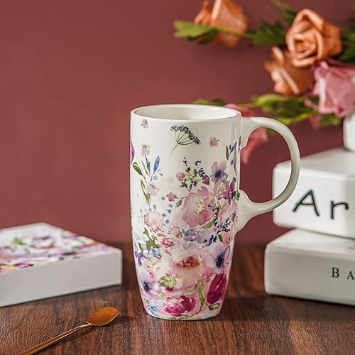 Miniatura 4 de Topadorn Taza de café de cerámica para regalo con tapa de 17 onzas, taza de té alta de porcelana con asa para el hogar y la oficina, taza con patrón