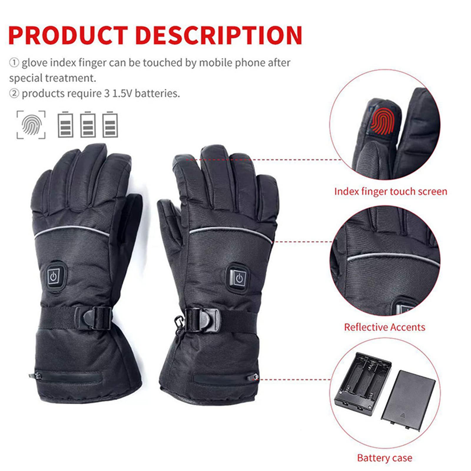 Moto Équitation Gants Chauffants Thermostat à Trois Vitesses Écran Tactile Intelligent Chauffage Électrique Résistant Au Froid Gants Épaississants de Ski Chaud,Black,L(31CM)