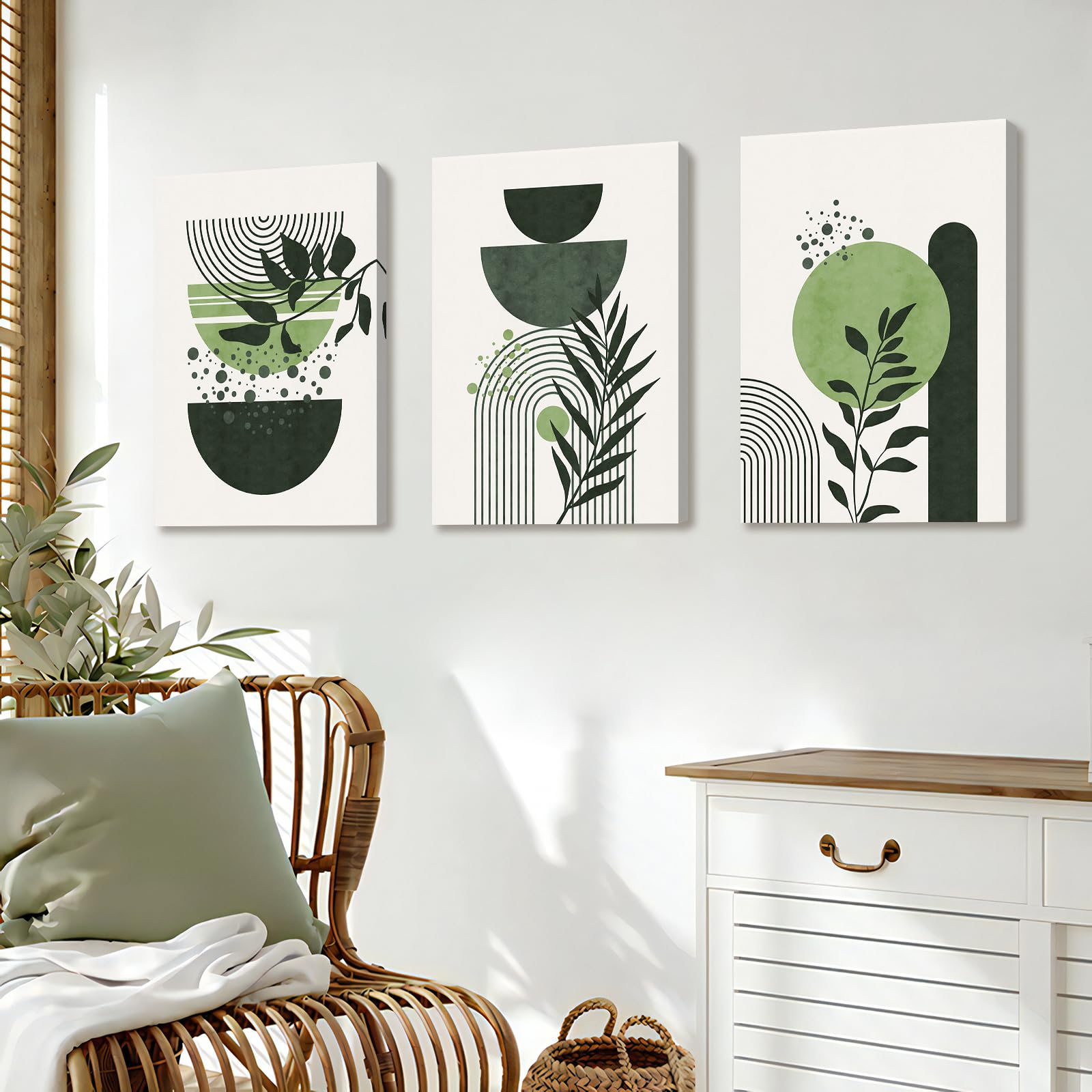 Leseogye Set 3 Decorazioni Da Parete Astratte Bohémien - Quadri Geometrici In Legno Verde, Arte Botanica Per Soggiorno E Camera Da Letto