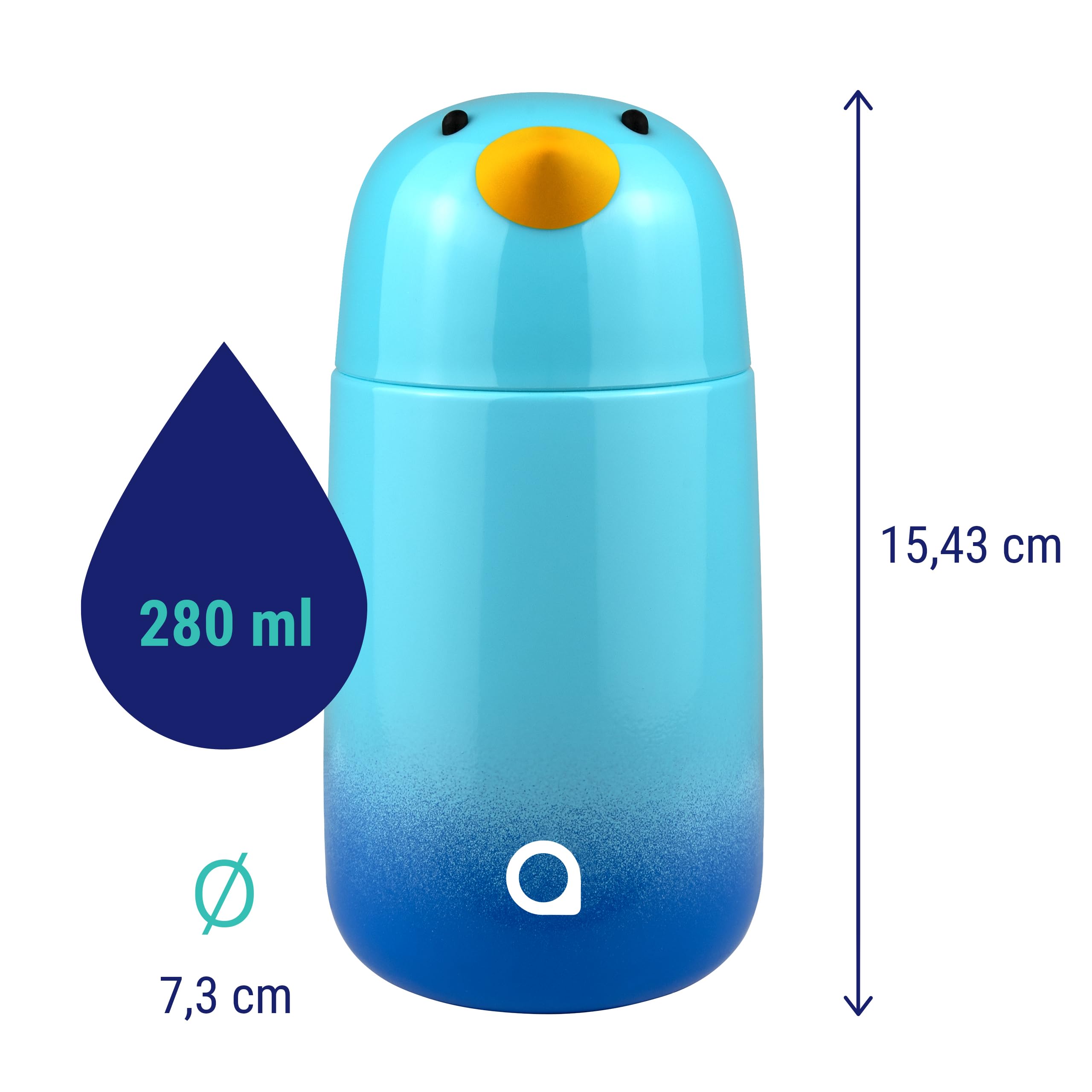 Aquafloow Botella Termica niños 280ml – Botella Agua Acero Inoxidable Infantil sin BPA, doble pared para agua fría y Caliente, Cantimplora infantil colegio y guardería- Motivo Pingüino