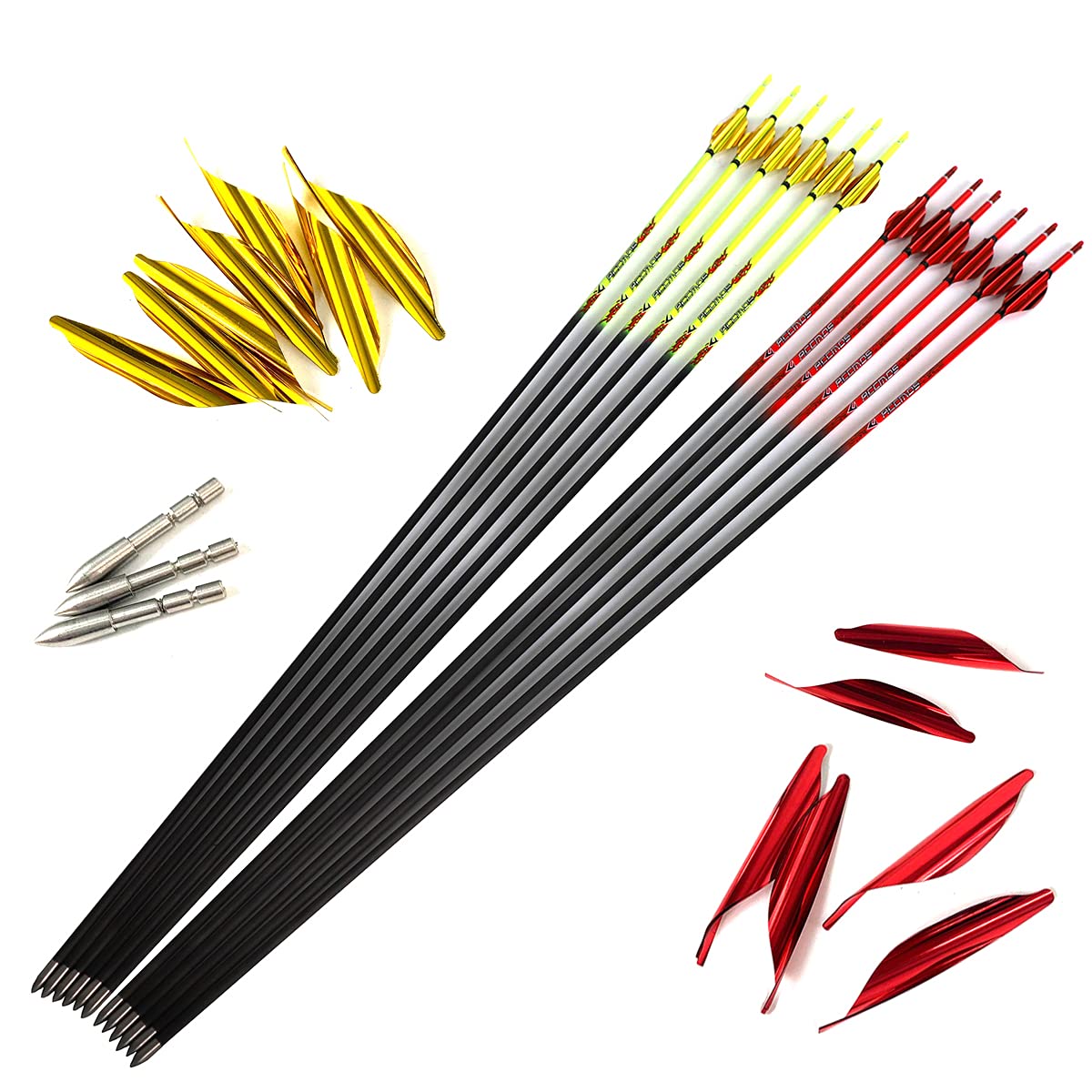 Flèches Carbone 12 Unités - Longueur Personnalisable 22-32 Pouces - Spine 400 à 1000 - Pour Arc Recurve ~10 Lbs - Chasse Et Entraînement