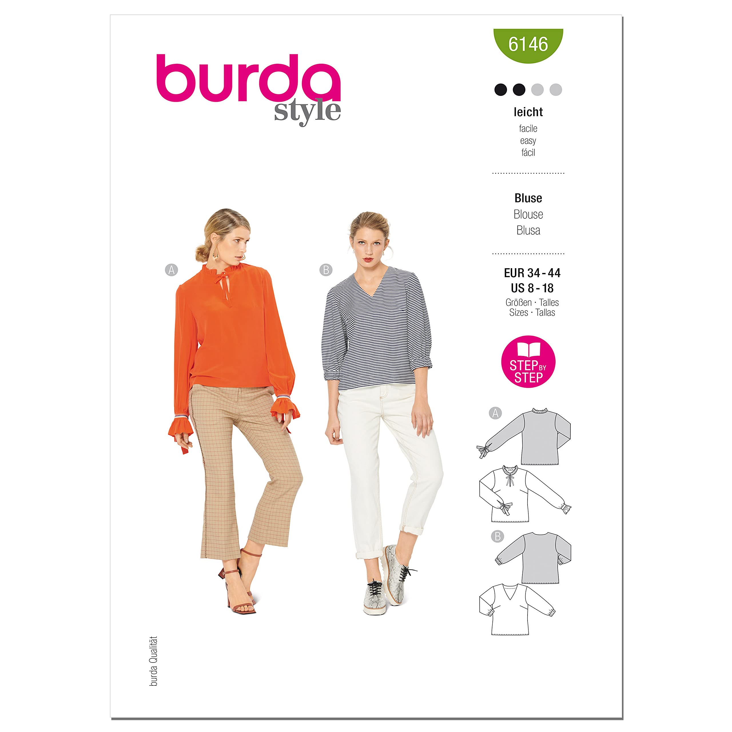 Patron Burda B6146 en papier blanc pour couture de vêtements tailles 34 à 44