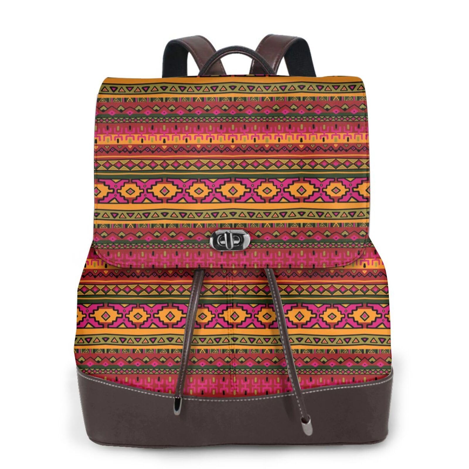Wksgdsg Women's Mexican Folk Art Boho Modern Leather Backpack For Rucksack With Lid, 12.5 Inch Pu Leather Backpack For Girls, Fashion Daypacks For Travel Shopping Work, Medium, Multi-Functional