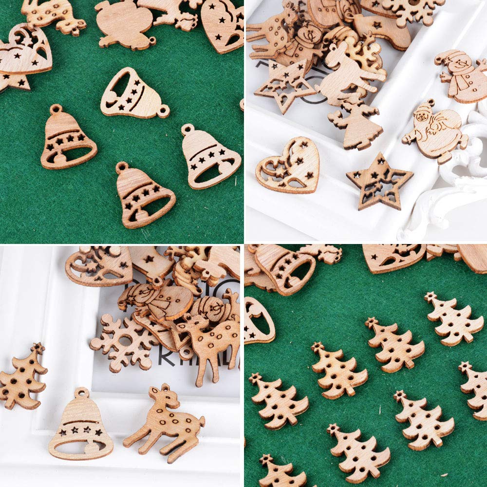 ToBeIT 200 stuks mini-houten decoraties, hangers voor kerstboom, kerstman, sneeuwvlokken, houten schijven om te knutselen (natuur