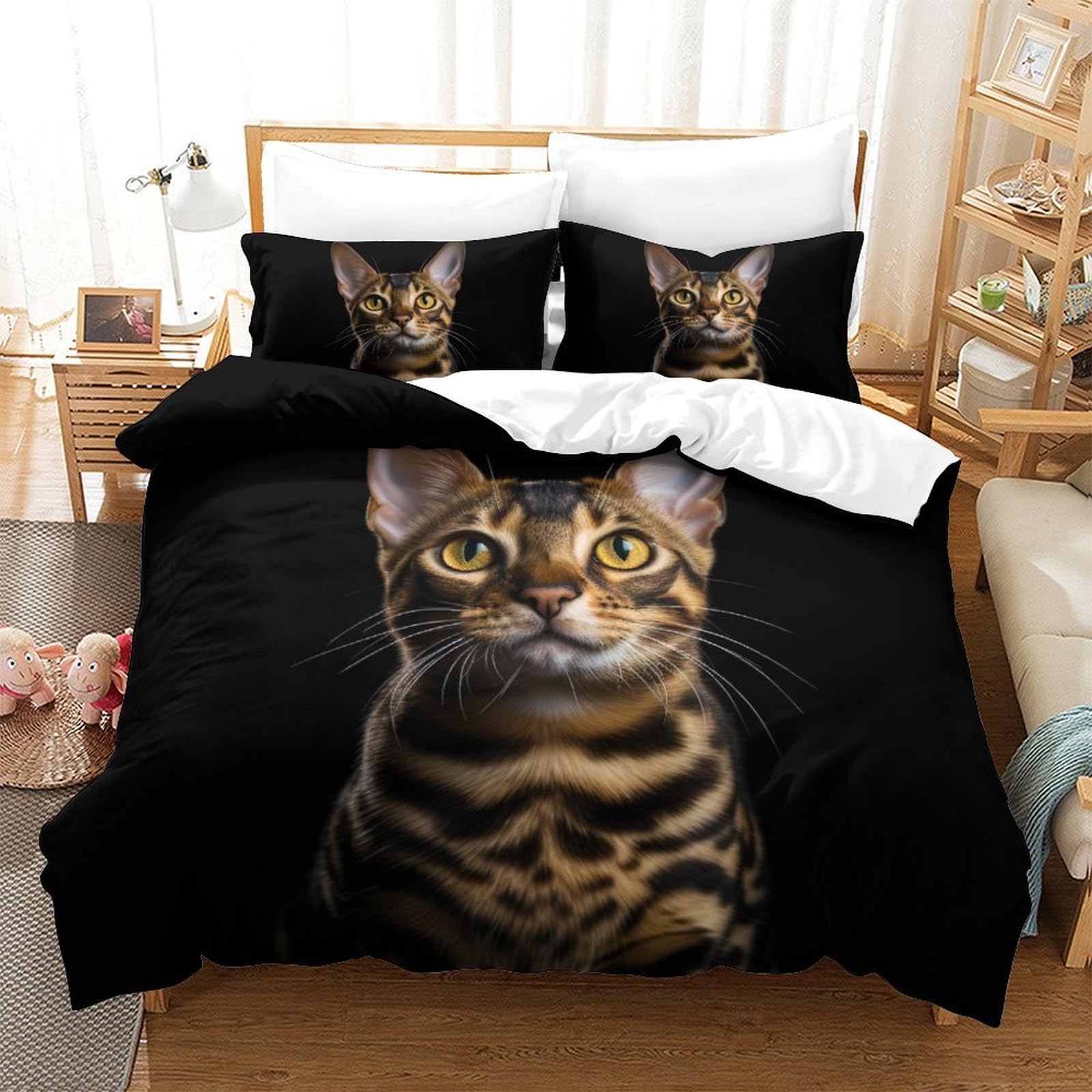 Housse de couette chat 3D double anti-glisse avec fermeture éclair