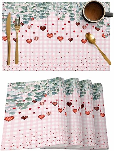 Vista 554 de Juego de 6 manteles individuales rojos para el día de San Valentín, diseño de corazón de San Valentín, resistentes al calor, lavables, manteles