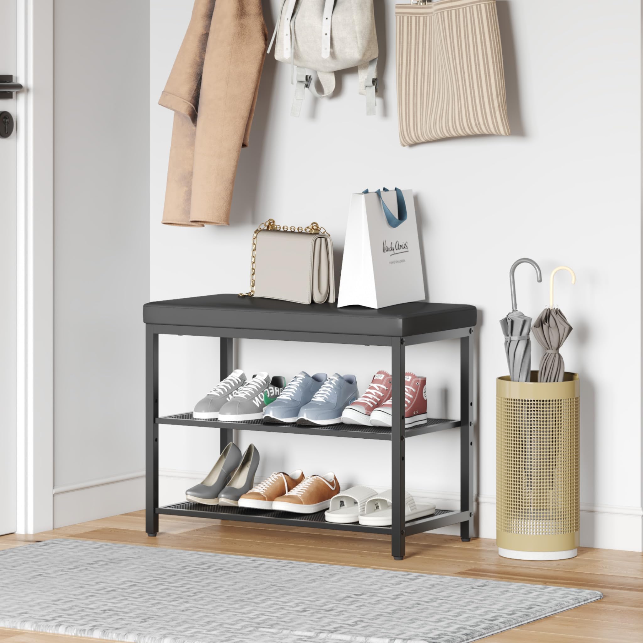 Mondeer Banco de Zapatos de 3 Niveles con Asiento Acolchado, Organizador de Zapatos con Estante de Almacenamiento de Altura Ajustable, Estilo Industrial, para Entrada, Pasillo, Sala de Estar