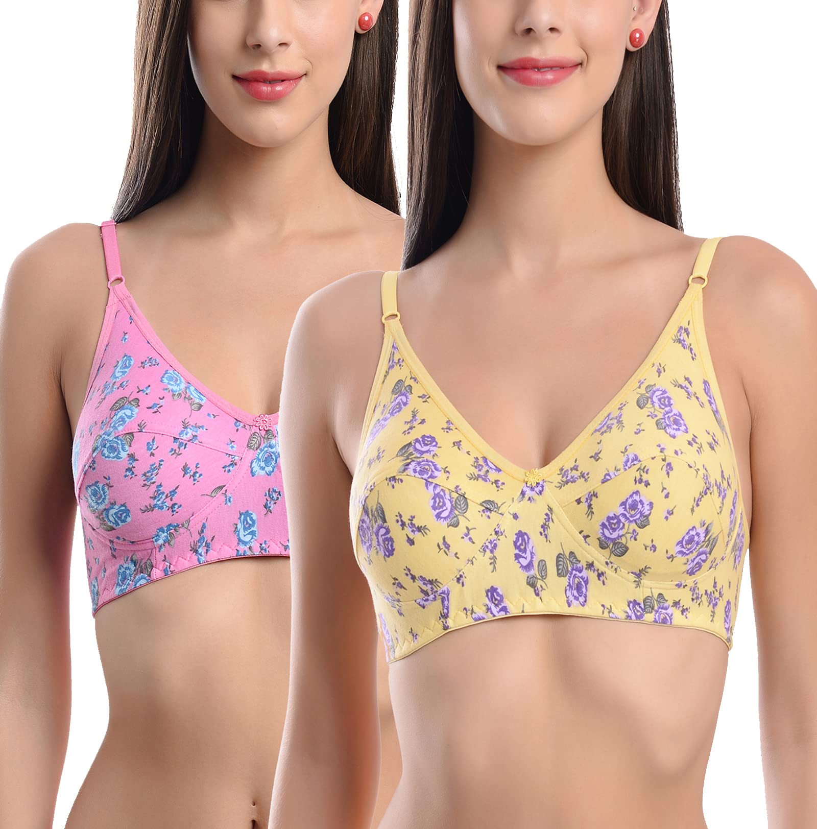 FIMS - Fashion is my styleCotton Bra Non-Padded Non-Wired Bra Floral Print Bra for Women Combo Pack Girls Everyday Bra, Multicolor
