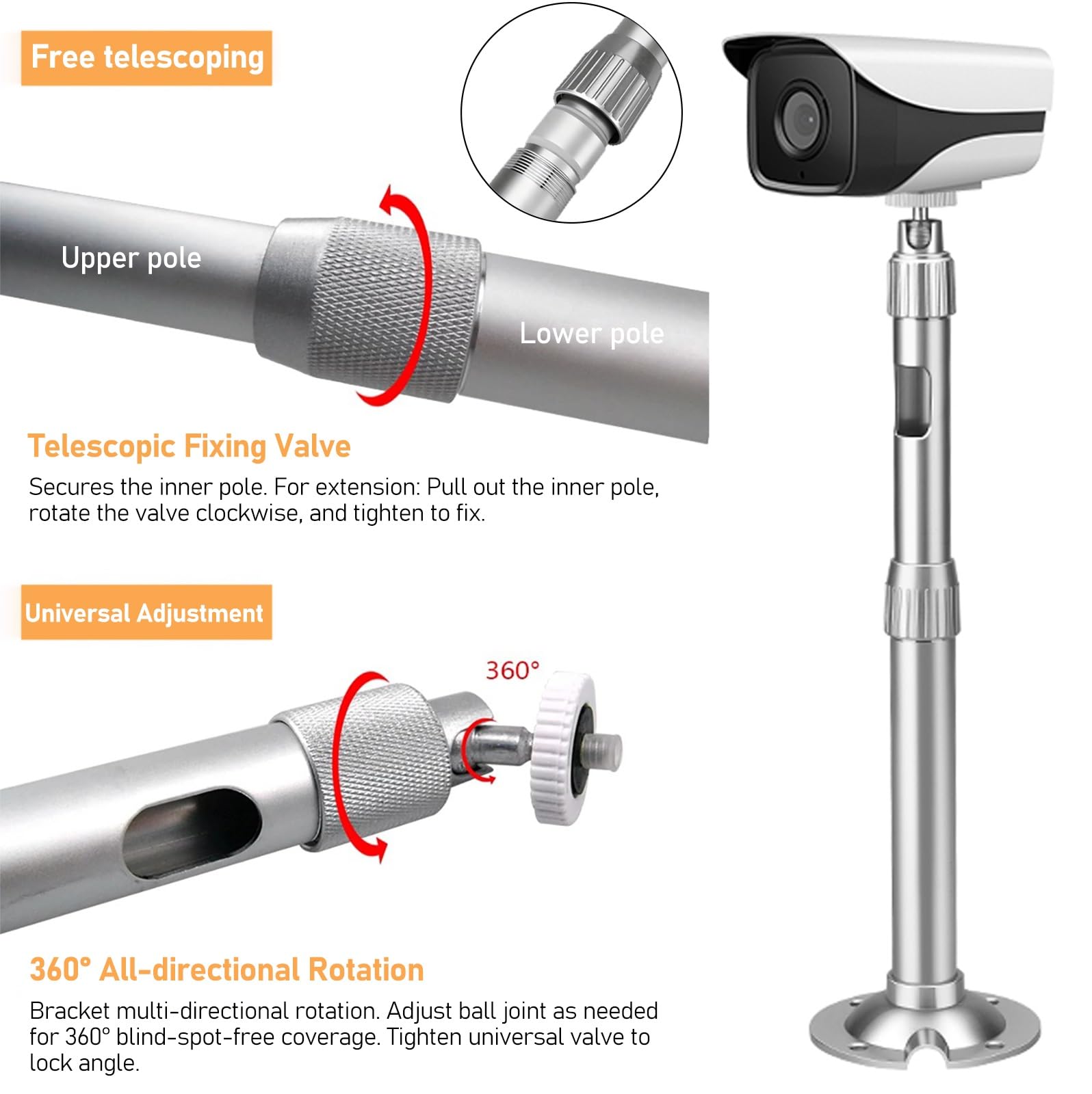 ERRULAN üBerwachungskamera Halterung Überwachungskameramasten für den Außenbereich, Überwachungskameramastpfosten aus Aluminiumlegierung, universelle CCTV-Masthalterung(30-60cm/11.8-23.6in)