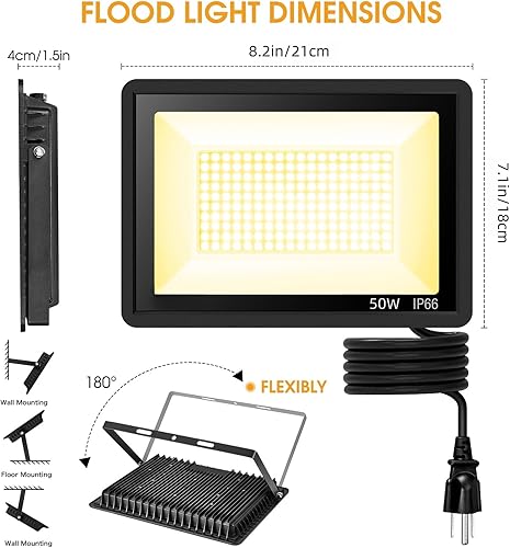 Miniatura 4 de YANYCN Paquete de 2 luces LED de 50 W de color blanco cálido para exteriores, 3000 K, luces de seguridad superbrillantes de 7500 lm con enchufe, luz