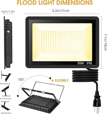 YANYCN 2 Pack 50W Warm White Led Flood Lights Outdoor,3000K Super Bright 7500LM Security Lights with Plug,Exterior IP66 Waterproof FloodLight for Basketball Court, Yard, Garden, Playground