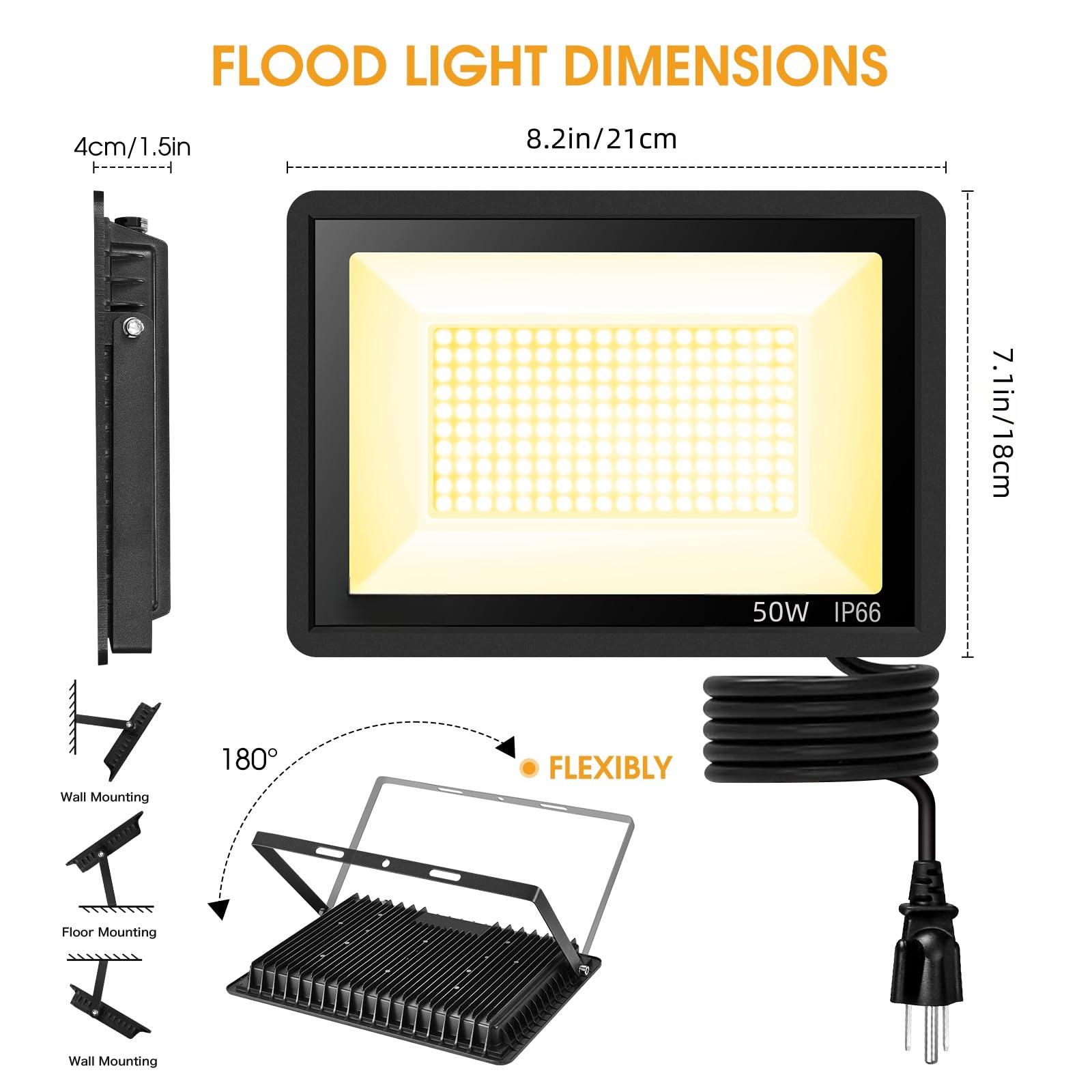 YANYCN LED-Flutlichter für den Außenbereich, 3000 K, superhell, 7500 lm, Sicherheitslichter mit Stecker, IP66 wasserdicht, für Basketballplatz, Hof, Garten, Spielplatz, 2 Stück