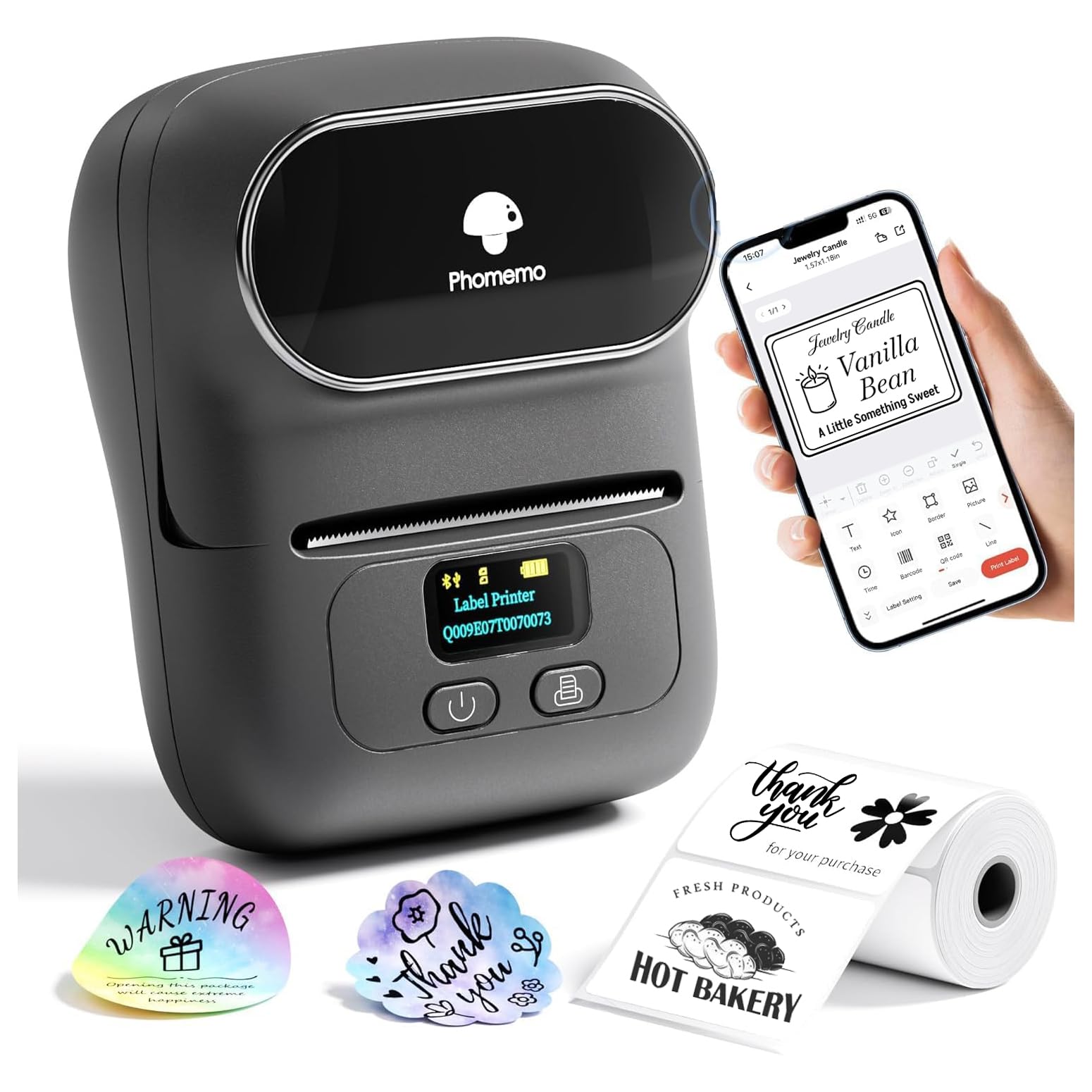 macchina etichettatrice bluetooth phomemo m110 con stampa barcode in grigio
