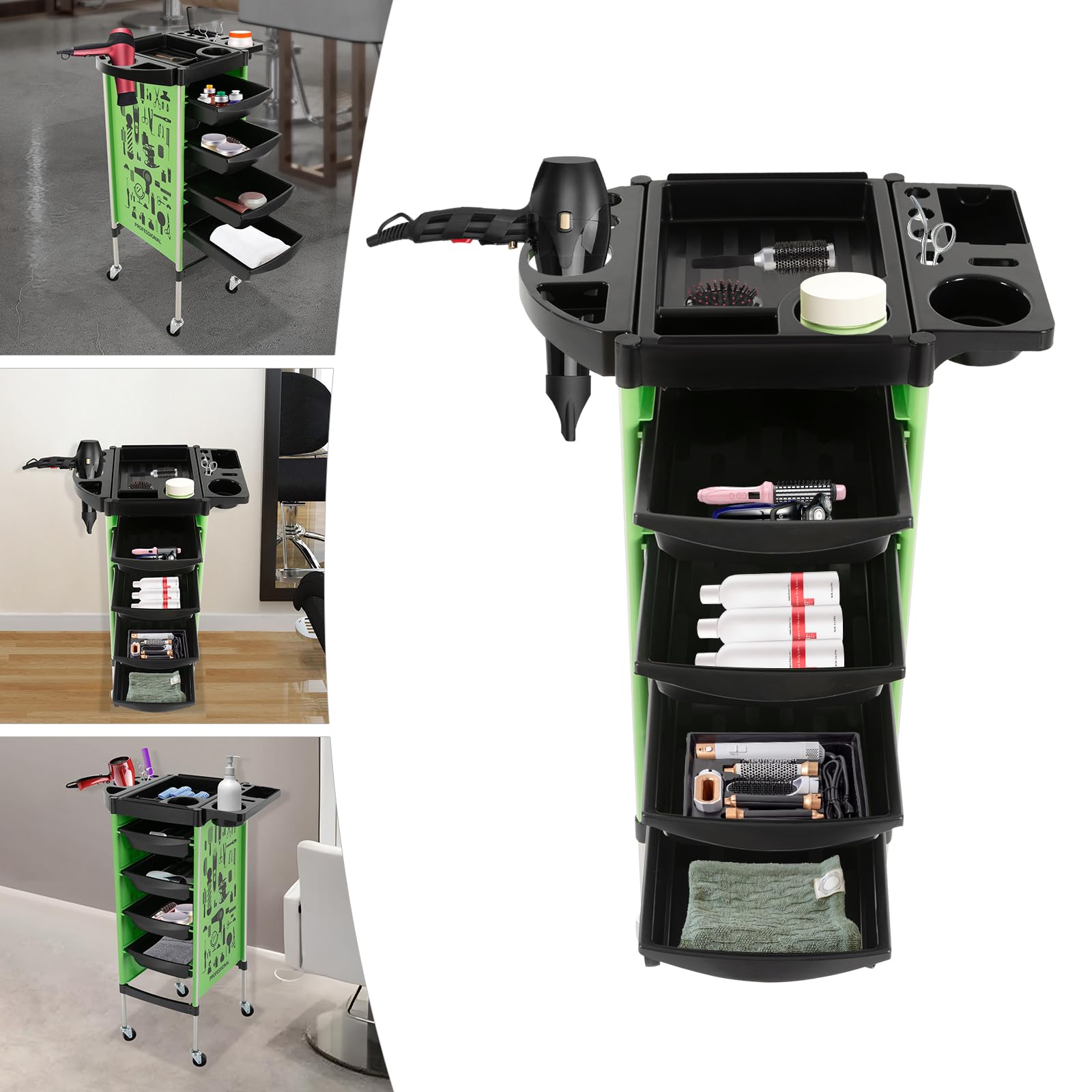 Carrello da parrucchiere con 4 cassetti e ruote, per salone, carrello da lavoro, trolley da parrucchiere (verde)