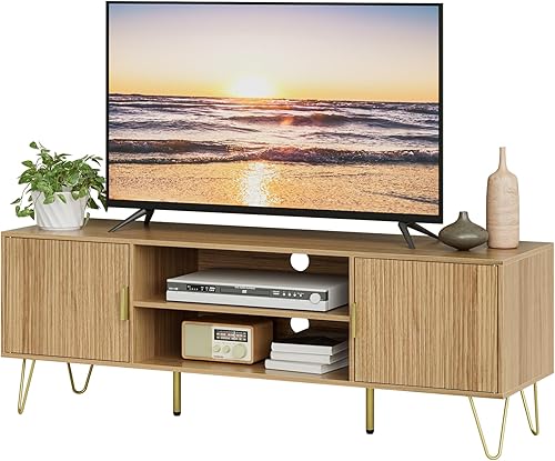 Miniatura 10 de Soporte de TV para TV de 55 a 65 pulgadas, centro de entretenimiento con puerta de bisagra suave, mesa consola de TV con 2 gabinetes con manija