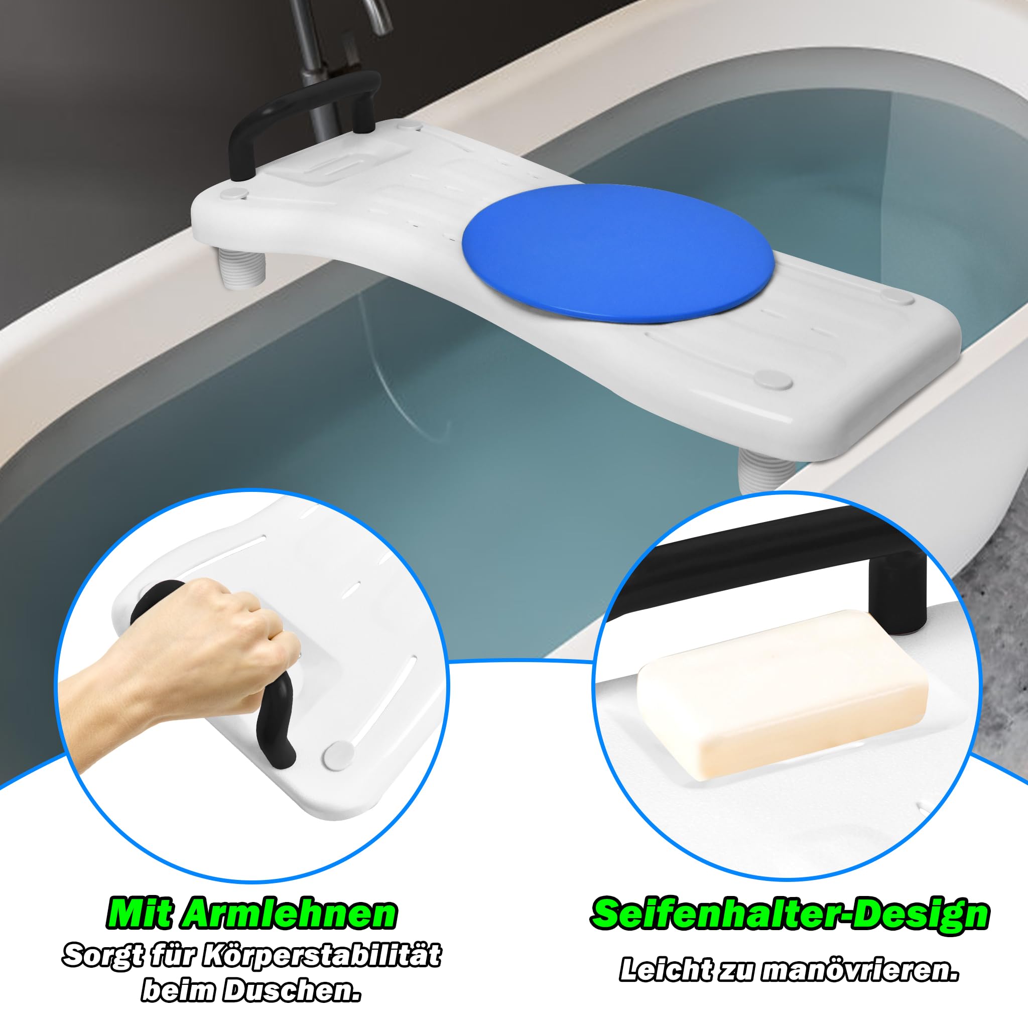Froadp 75,5 x 34 x 10 cm, asiento de bañera con mango negro y placa giratoria, tabla de bañera para sentarse, asiento de bañera de polipropileno, asiento para adultos, personas mayores, embarazadas