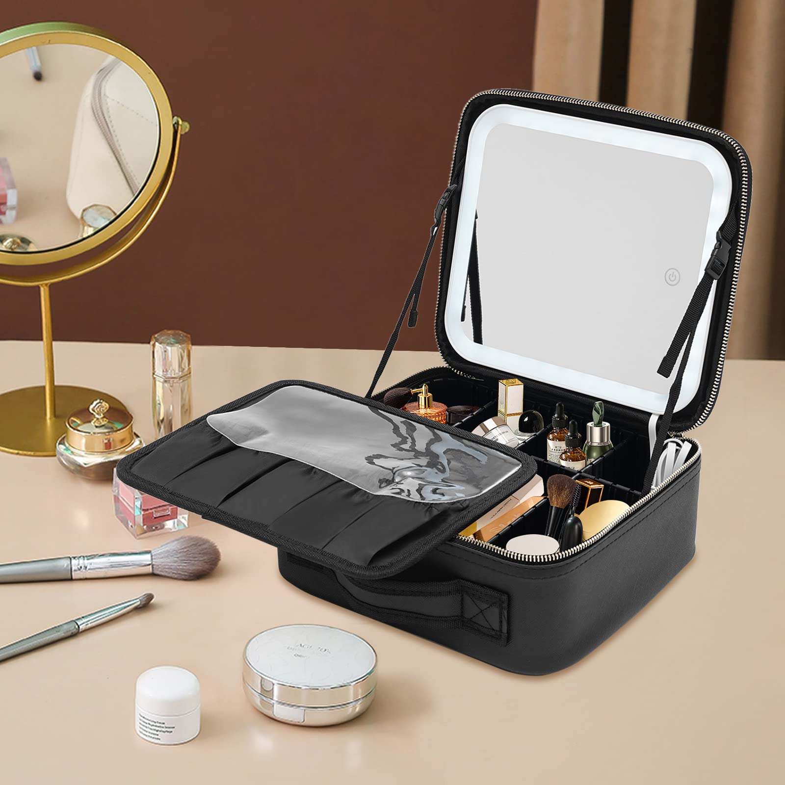 Reisekosmetiktasche mit beleuchtetem Spiegel, Tragbar Kosmetiktasche mit 3 Farbmodi dimmbaren Lichtspiegel, PU Make up Organizer Tasche (Schwarz)