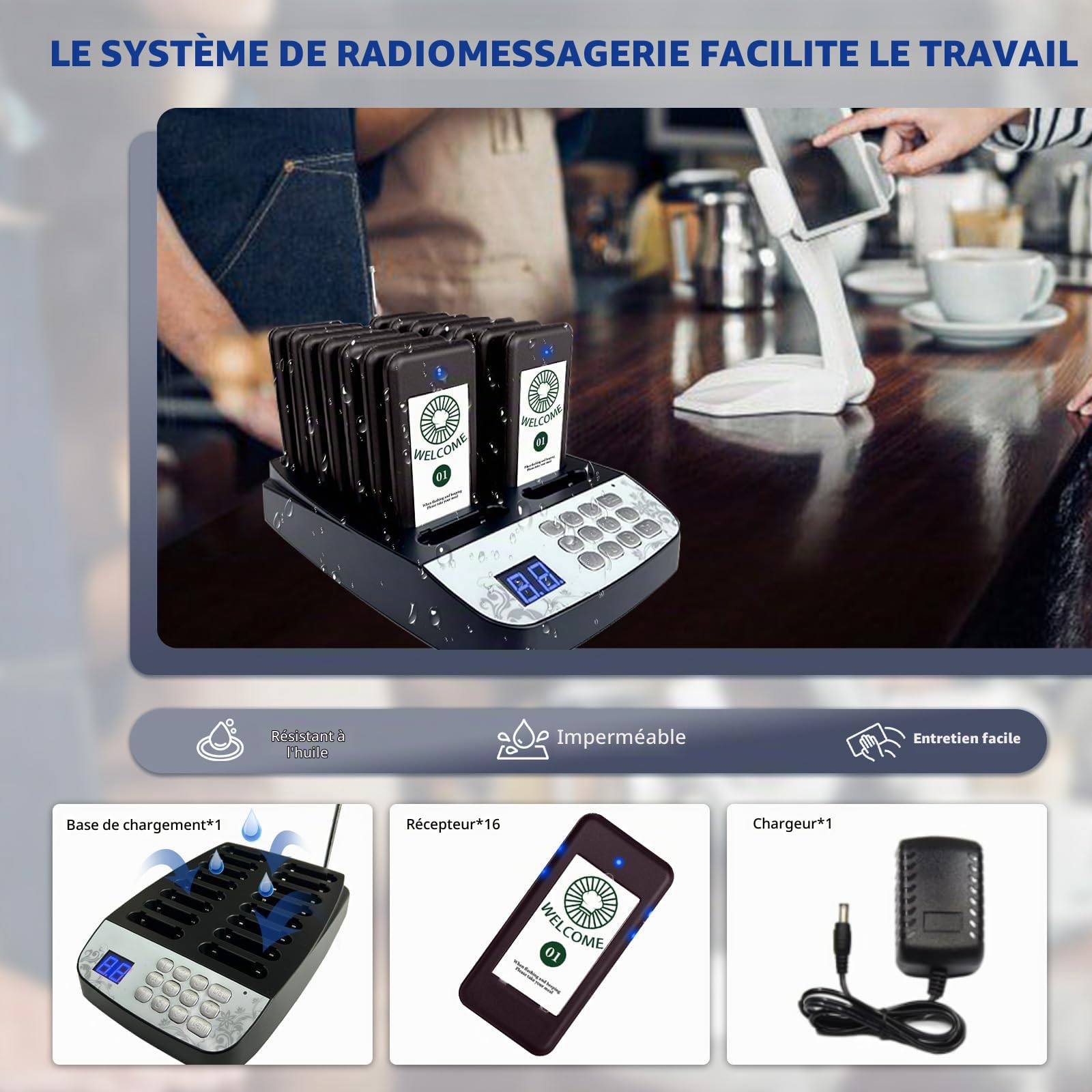 Bipeur Restaurant, Restaurant Pager, 16 Pagers, Extérieur 500M | 24H de Travail, 3 types d’alerte (Vibration, bip et LED clignotante), Bipper Restaurant Pour clinique, hôtel