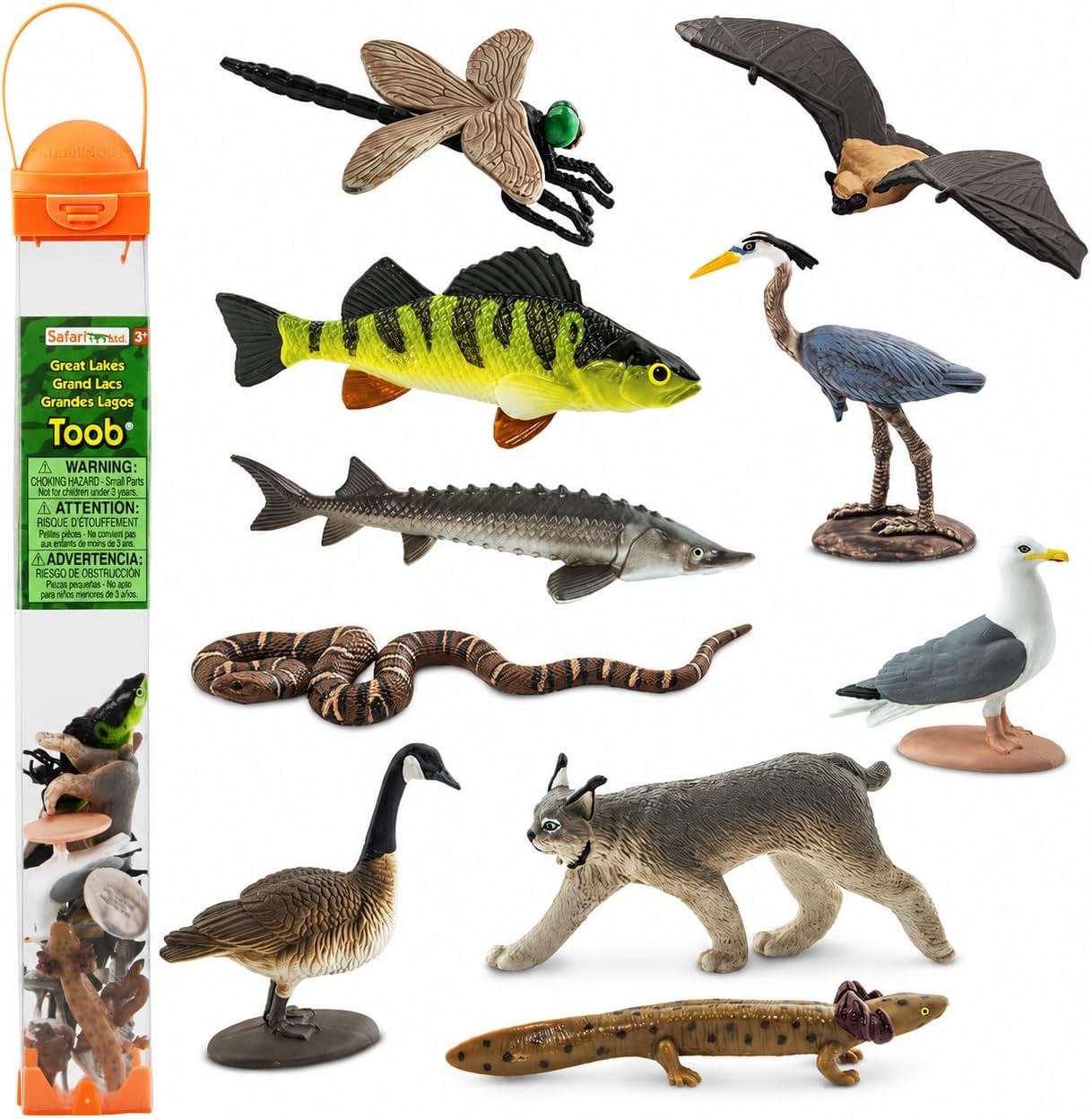 Great Lakes TOOB - Figurines of Mudpuppy, Dragonfly, Water Snake, Bat, Goose, Herring Gull, Blue Heron, Lynx, Sturgeon, Yellow Perch - Educational Toys for Boys, Girls & Kids Ages 3+