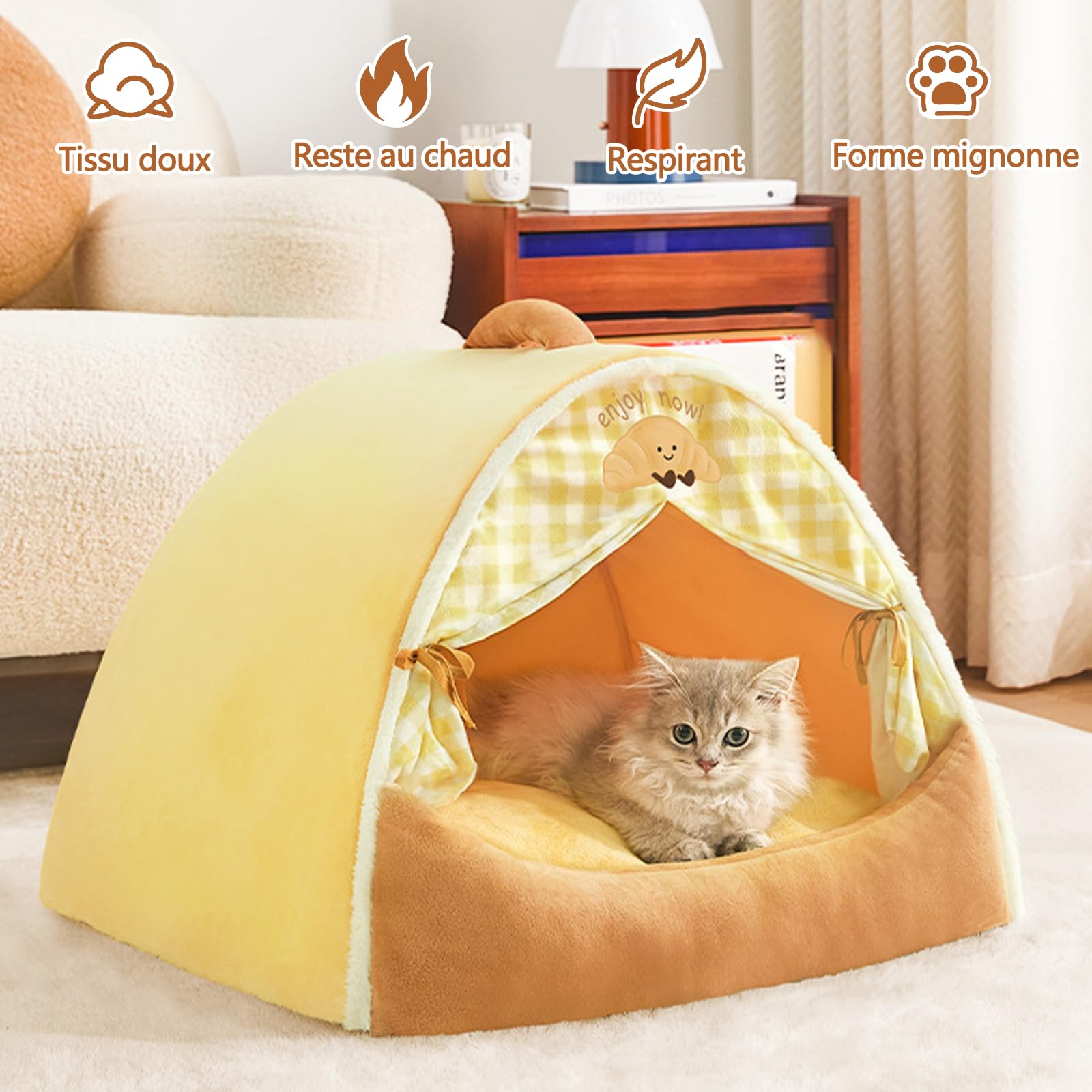 Galatée Maison pour Chat, Lit Igloo pour Chat Chaud Et Confortable, Lit pour Animaux De Compagnie Amovible Et Lavable, Nid pour Chien Mignon avec Coussin Amovible(L, Jaune)