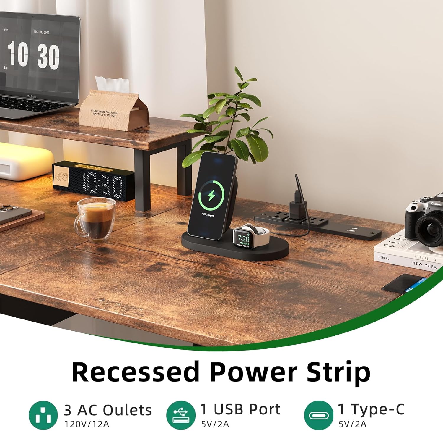 L Shaped Computer Desk, 78.7" Reversible Home Office Desk with Printer Storage Shelf & 3 Fabric Drawers, Two Person Desk with LED Lights & Power Outlet, Corner Gaming Desk with Monitor Shelf, Vintage