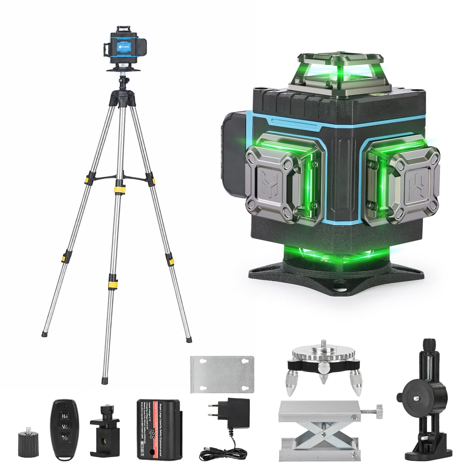 Nivel Laser Autonivelante 4 x 360° - ansigtny 4D 16 líneas Verde Nivel Láser Multifuncional Profesional Laser Level con 1.5 M Trípode & 6000 mAh Batería Recargable