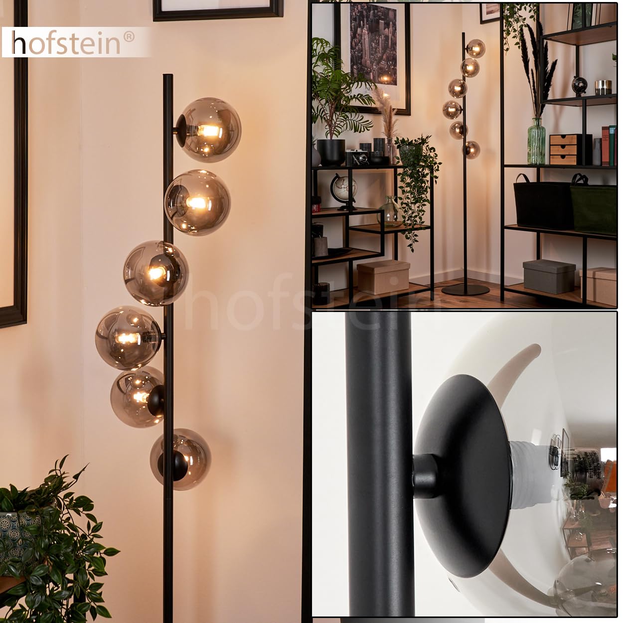 Stehleuchte Remaisnil, Stehlampe aus Metall/Glas in Schwarz/Rauchfarben, Standlampe im Retro/Vintage-Design mit Schirmen aus Glas (Ø 12 cm) u. Fußsschalter, Höhe 160 cm, 6 x G9, ohne Leuchtmittel