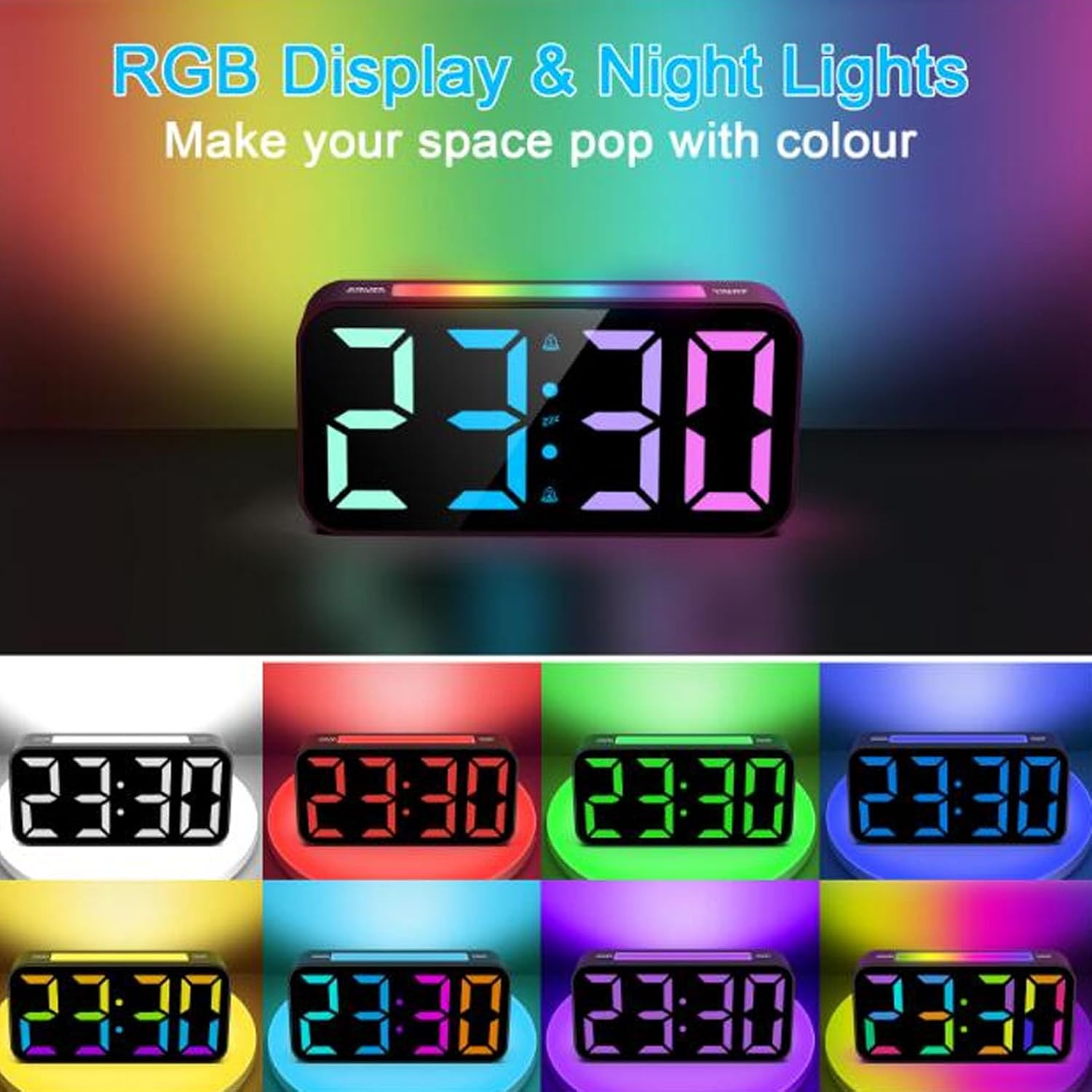 RGB display and night light feature showing various color options