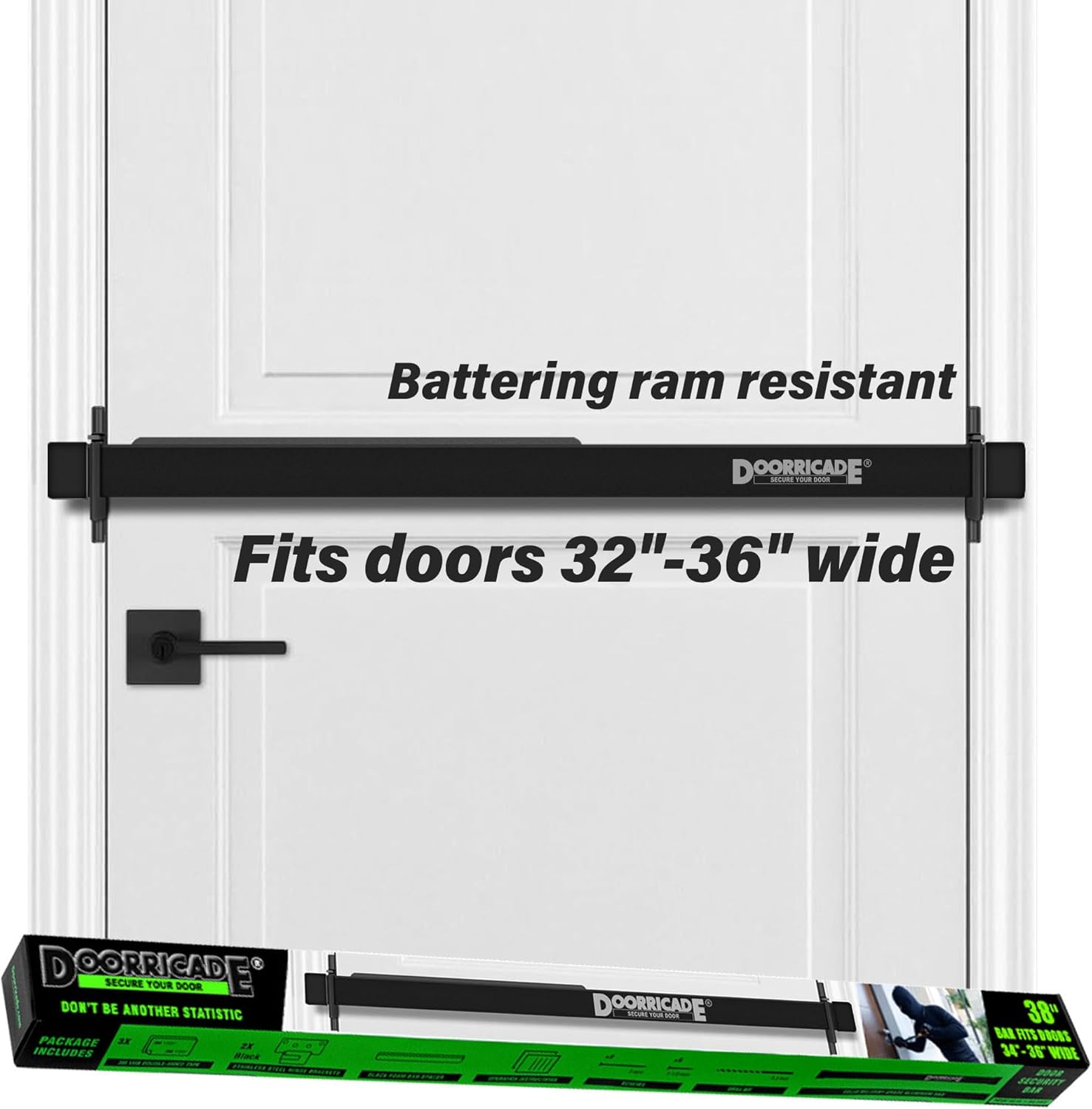Door Security Bar-by Doorricade-Secure The Entire Width of Your Inward Opening Front Door-Safe Room. Fits Doors 32"-36" Wide. - Black Edition