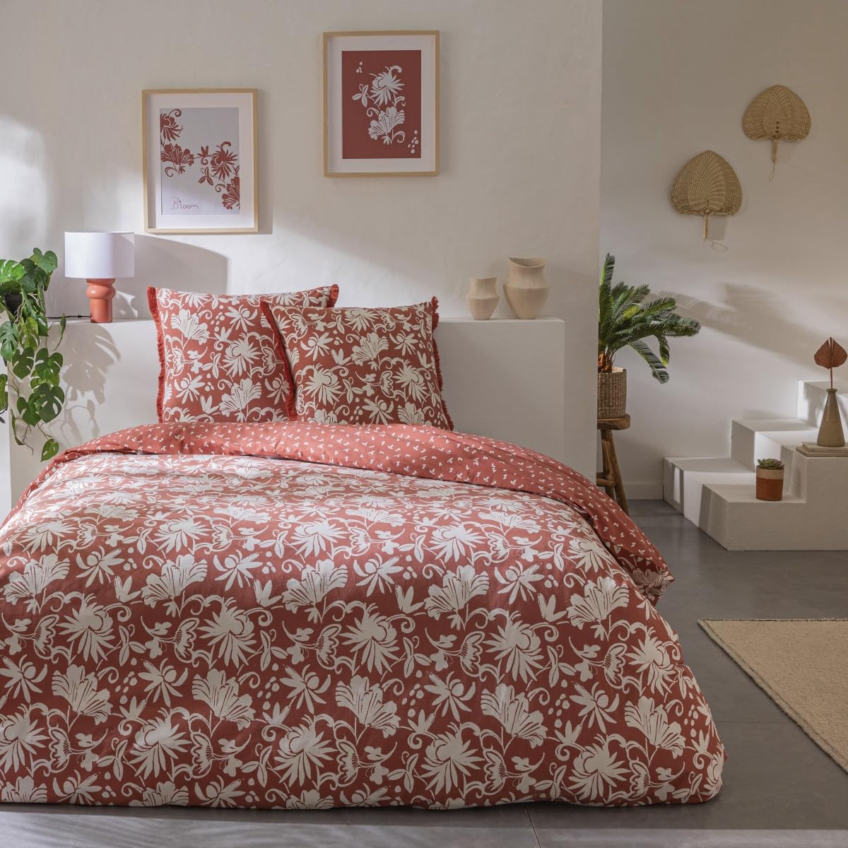 Housse de couette coton de qualité supérieure 240x220cm au motif floral et détails frangés