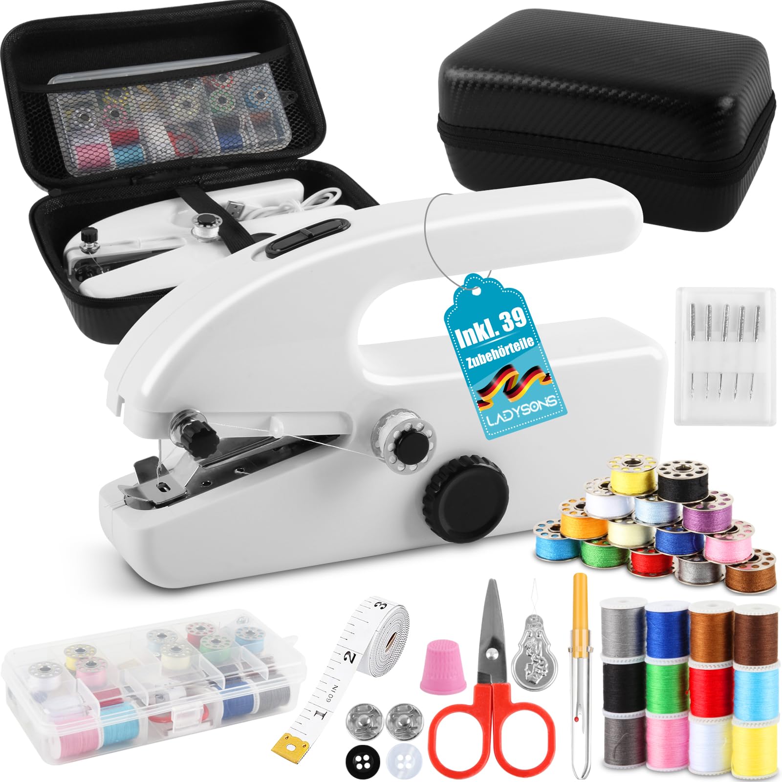 Máquina de coser a mano, mini máquina de coser eléctrica, portátil con caja de almacenamiento, accesorios de costura, 2 modos, ideal para principiantes y reparaciones rápidas de ropa y