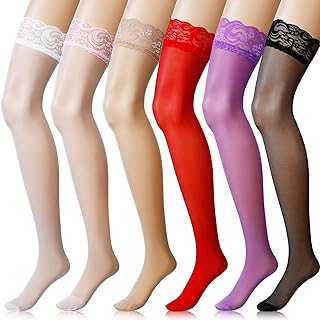 Boao 6 Pairs Women Thigh High Stockings Silicone Lace Top Pantyhose for Women, Multicolored