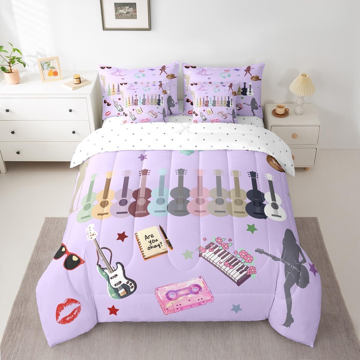 Erosebridal Music Fans Print Full Size Comforter Set Guitar Bedding Set Purple(Comforter+Fitted+Flat Sheet+2 Pillowcases+2 Throw Pillow Covers) 7 Pieces Modern Fashion Bed Set Gift for Singer Fans