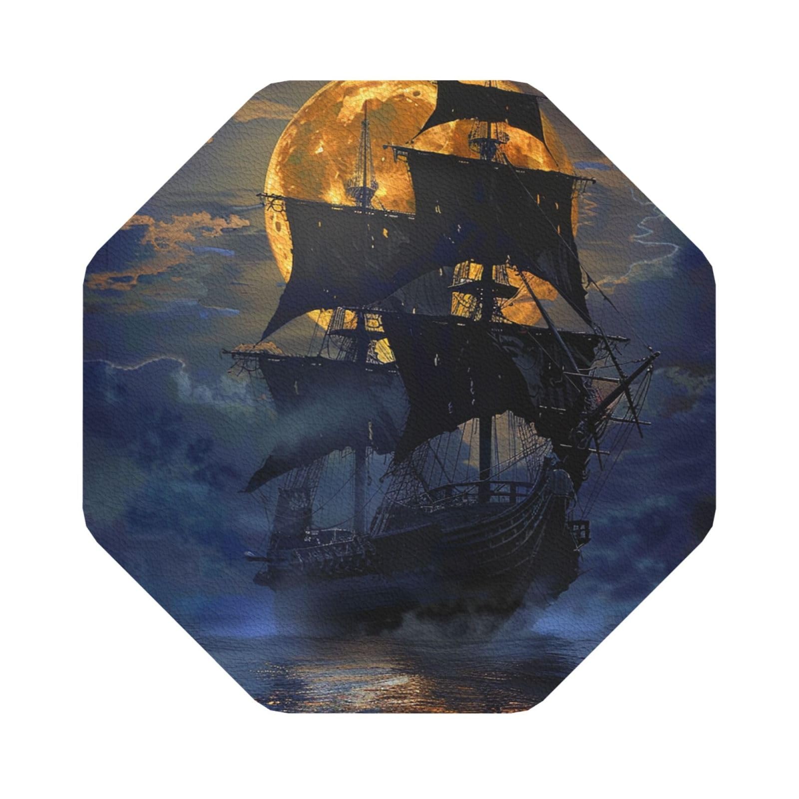 Pirate sailboat full moon Print Leather Coaster Set of 6, Octagon Coasters Table Decorative Coffee Cup Beverage Coasters Wine Beer Bar Coasters for Hot Drinks Table Protection