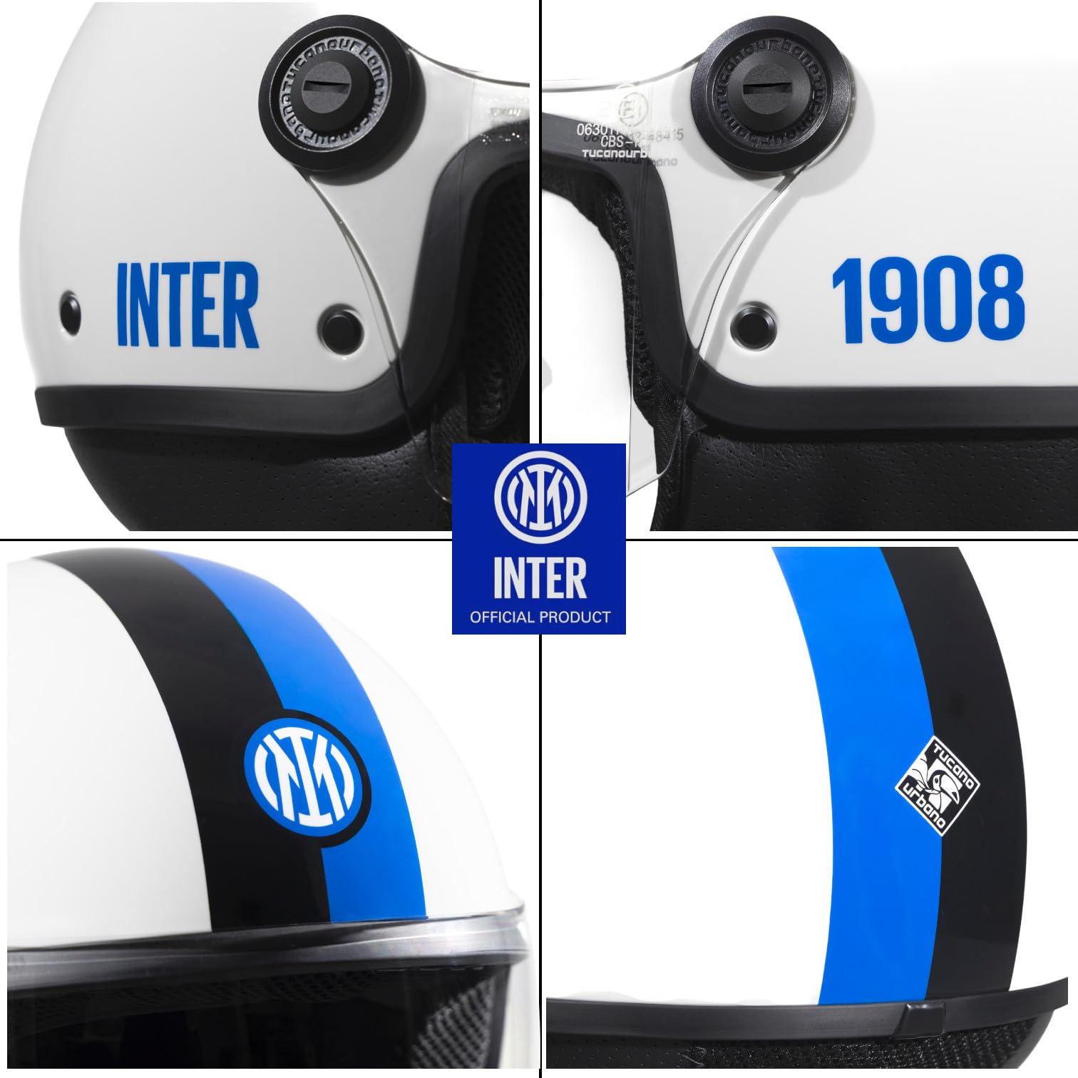 Tucano Urbano casco demi jet unisex EL'JETTIN INTER. Casco moto in policarbonato con grafica originale Inter FC. Casco estate inverno omologato ECE 22.06. Prodotto con Licenza Ufficiale.