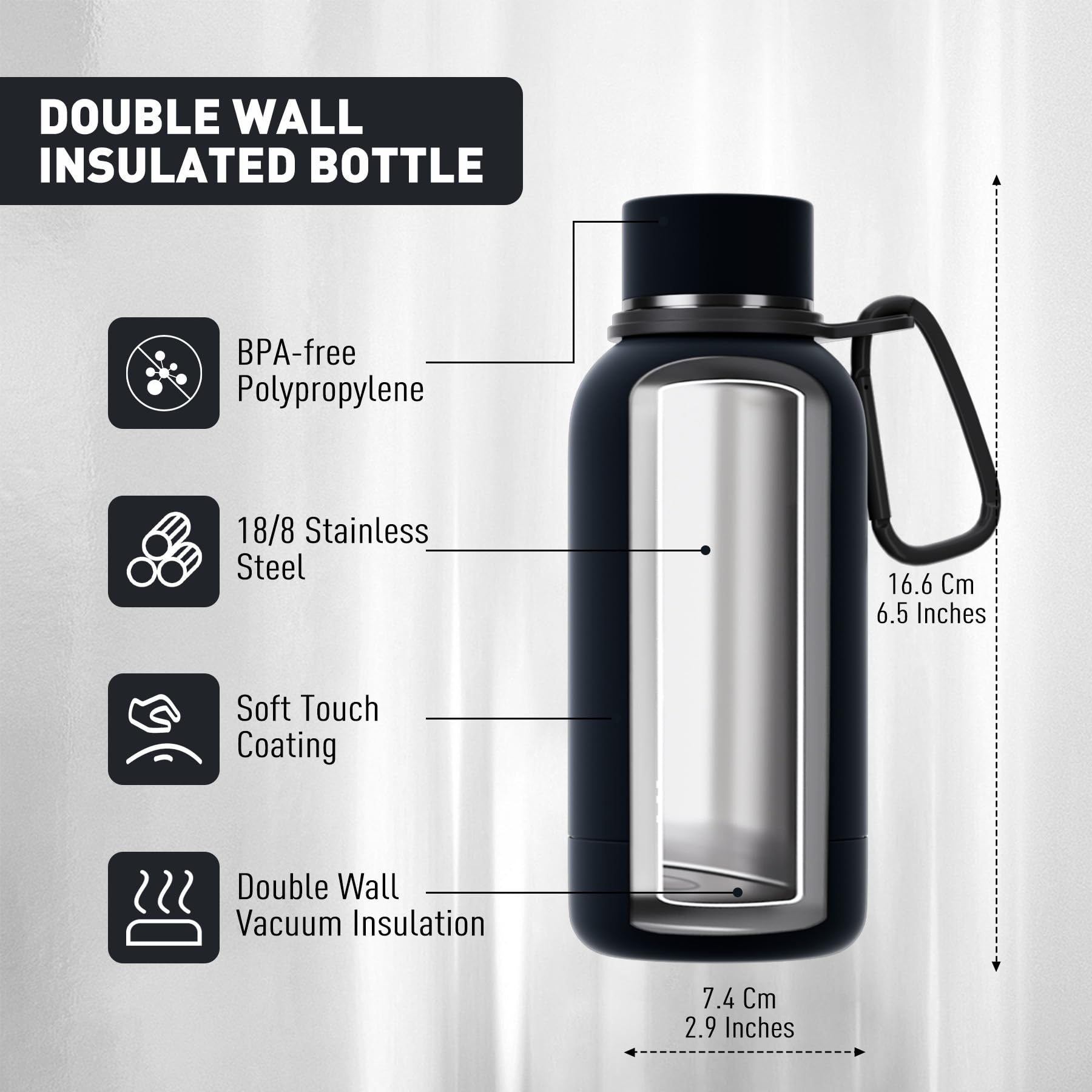 Exllena Double Wall Vacuum Insulated 350ml Bottle with Clip - Keeps Drinks Cold/Hot Up to 24/12 Hrs - BPA Free (Black) - Image 2