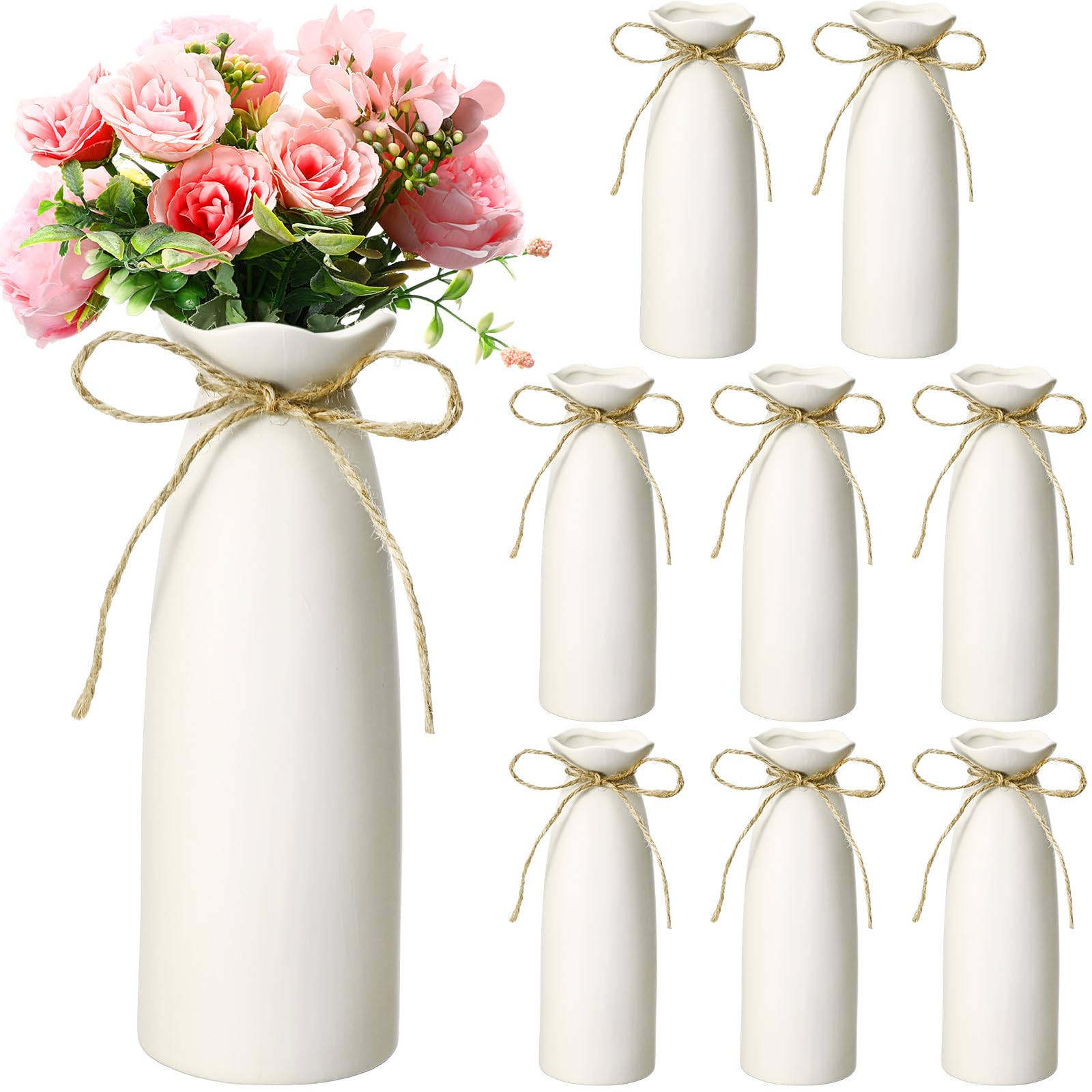 Qinyoung White Ceramic Bud Vase Set of 8, 8'' Small White Flower Vase for Centerpieces, Modern Floral Decor for Wedding Party Dining Table Home