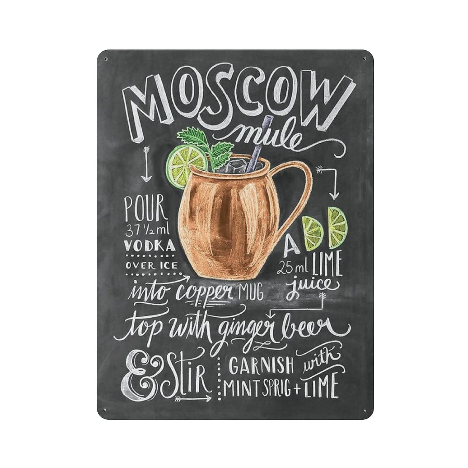 rayprint Metal Tin Sign Moscow Mule Cocktail Recipe Tin Sign Metal Aluminum Sign Vintage Wall Decor Retro Poster for Bars Restaurants Cafes Pubs Home Decoration 16"x12"