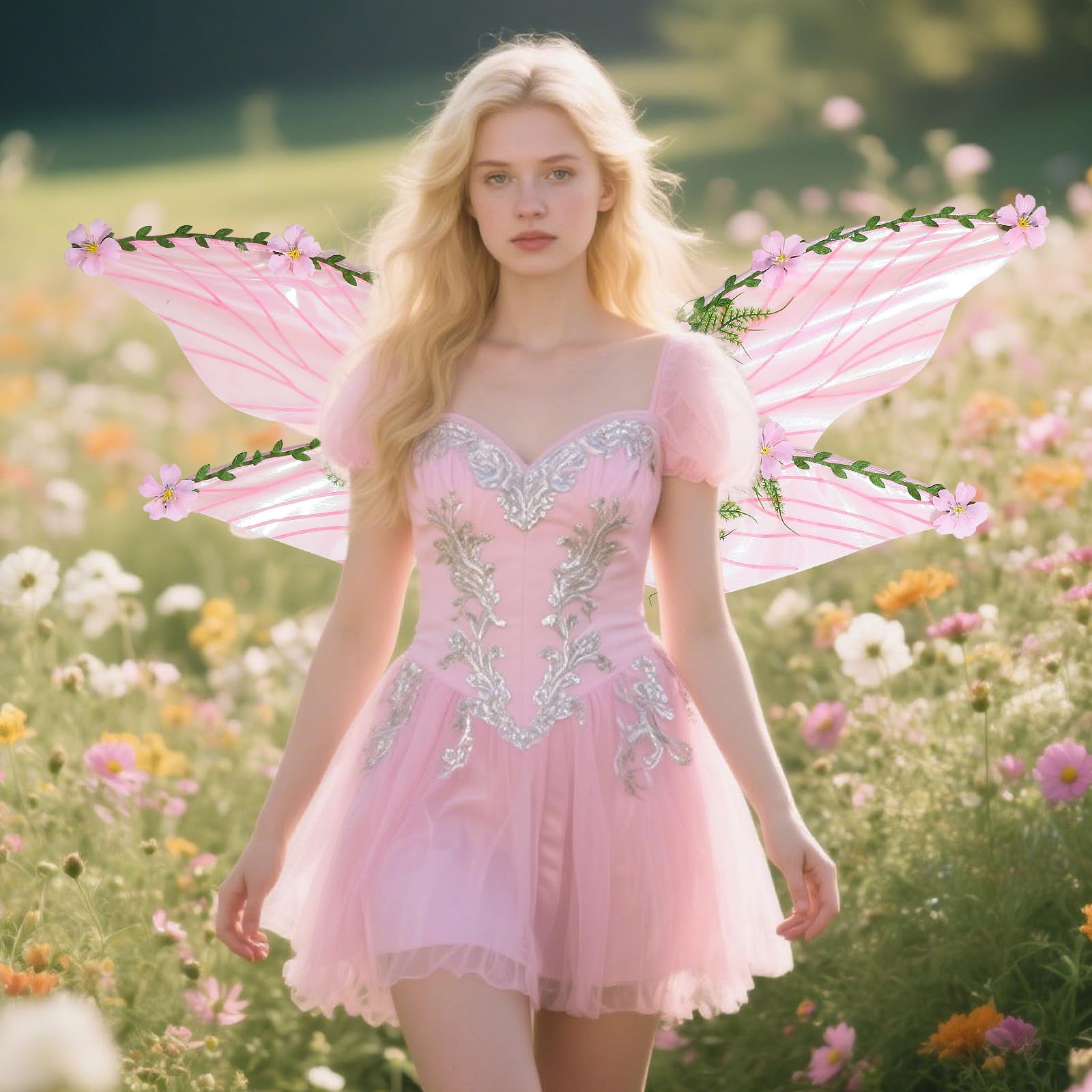 ESSECMBS Halloween Forest Fairy Wings for Women Creative Butterfly Wings with 3D Flowers and Leaves Decor for Cosplay (A-Pink - Image 2