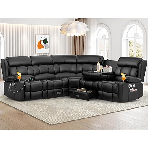 Recliner Sectional Sofa, 5 Seat L-Shaped Manual Reclining with Flip Middle Backrest Design, Large Storage Drawer, USB Ports, Sofa Couch for Home Theater (Black)