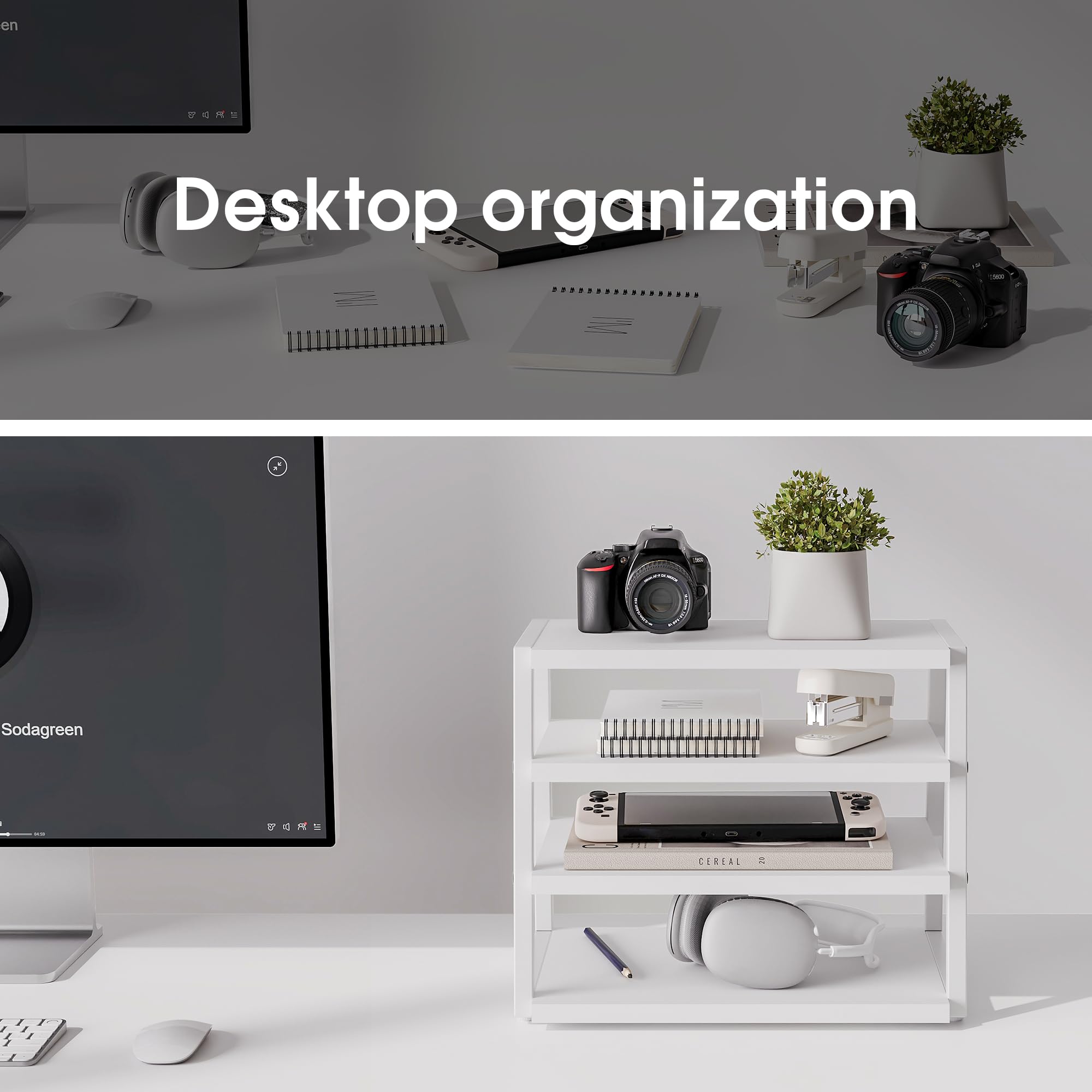 Fenge Organizer da Scrivania in Legno a 4 Livelli, Portadocumenti con Ripiani e Staffe in Metallo, Ideale per Documenti A4, Perfetto per Casa, Ufficio e Scuola, Bianco